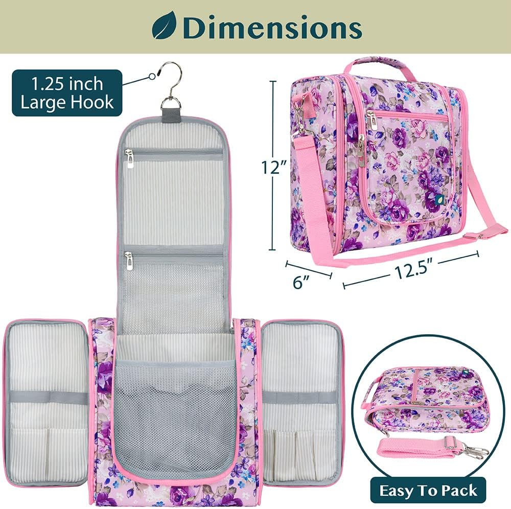 PAVILIA Extra Large Toiletry Bag Travel Bag for Women Men, Hanging Cosmetic Organizer, Water Resistant Makeup Bag for Accessories Toiletries, Travel Essentials Kit (Floral Pink) image number 5
