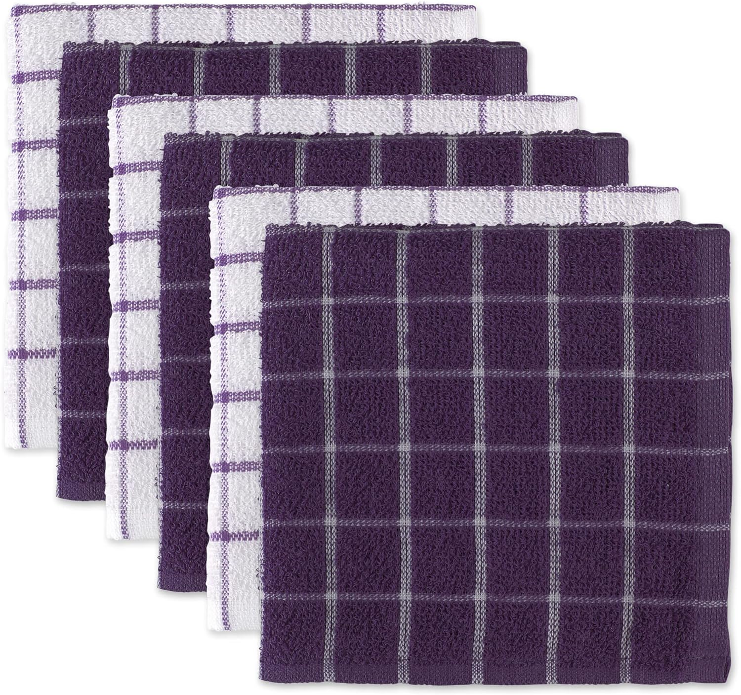DII 100% Cotton, Machine Washable, Ultra Absorbant, Basic Everyday 12 X 12 Terry Kitchen Dish Cloths, Windowpane Design, Set of 6- Pebble