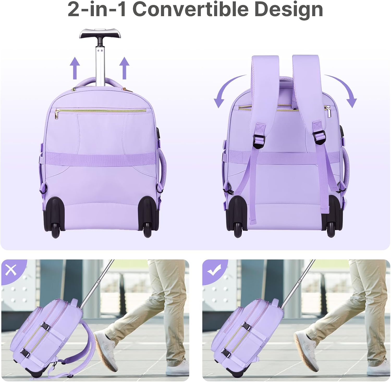 DEVPNR Rolling Backpack for Women, 17Inch on Laptop Travel Backpack with Wheels, under Seat Airplane, Overnight Business Bag