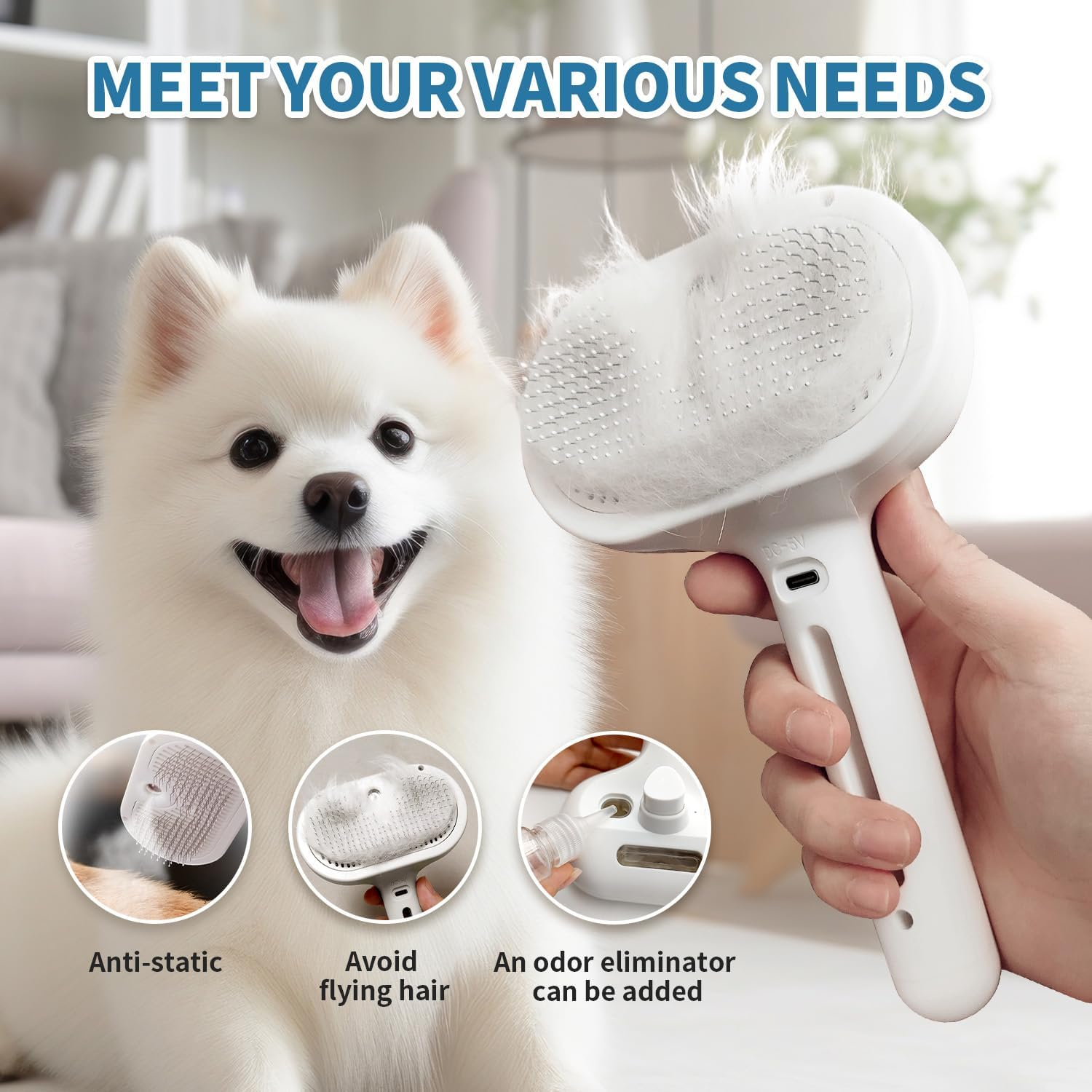 Herokitty Spray Cat Brush for Shedding, Cats Brush Remove Static Flying Hair Self Cleaning Dogs Brush for Long and Short Hair Pets Grooming Brush Remove Tangled Loose Hair Reduce Shedding (White) image number 3