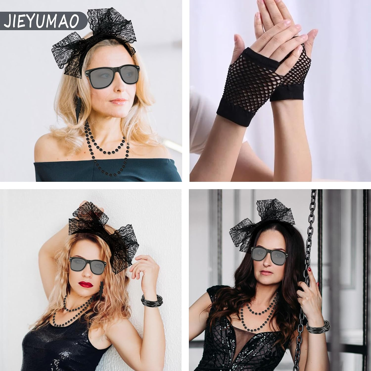 JIEYUMAO 80S Accessories, 6Pcs 80S Costume Accessories for Women, Fancy Dress Accessories with Lace Headband Earrings Fishnet Gloves Necklace Bracelet Black Glasses for Theme Party image number 5