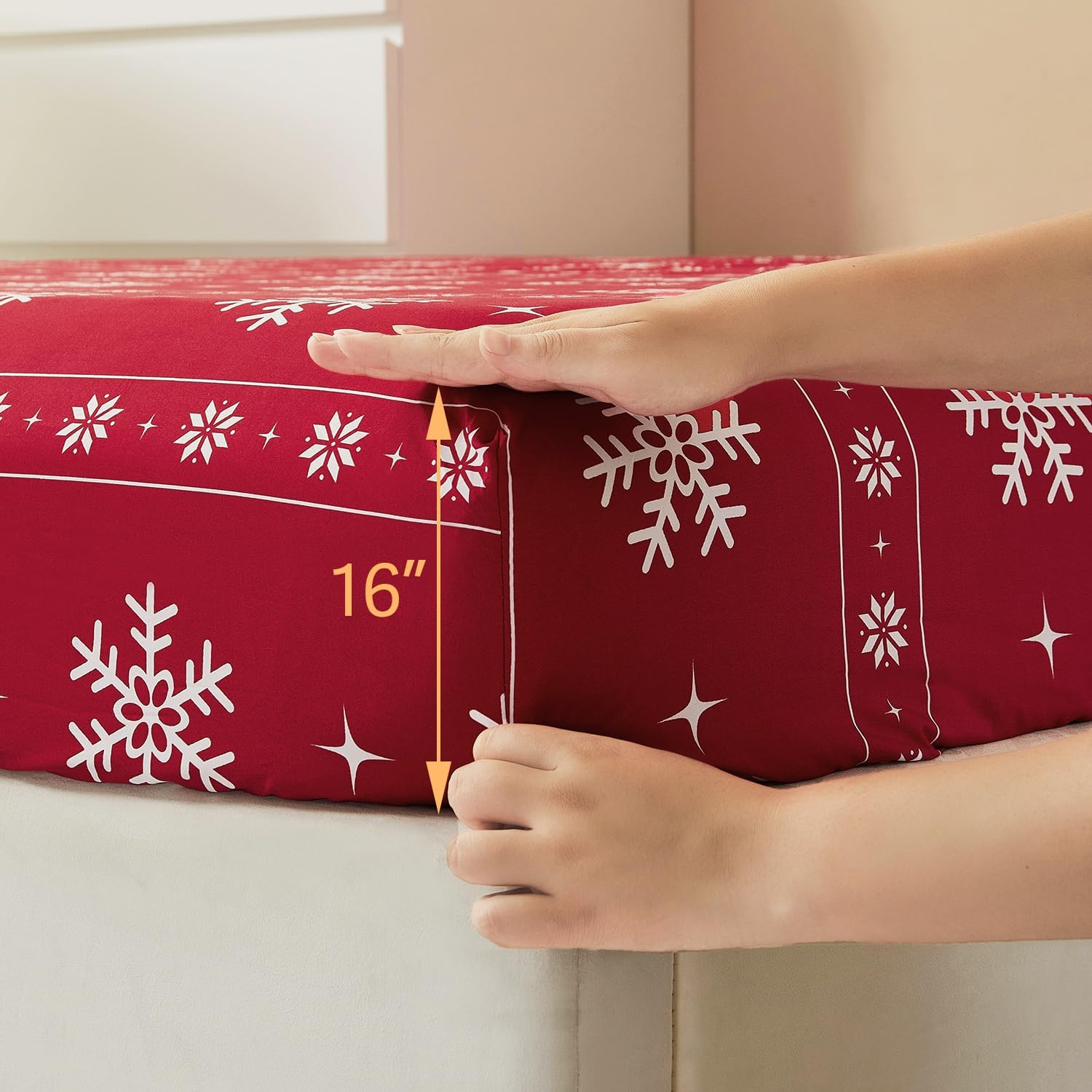 Vaulia Soft Microfiber Sheets, Print Snowflake Pattern, 4-Piece Set (1 Fitted Sheet 1 Flat Sheet 2 Pillowcases) (Red/White Snowflake, King) image number 6