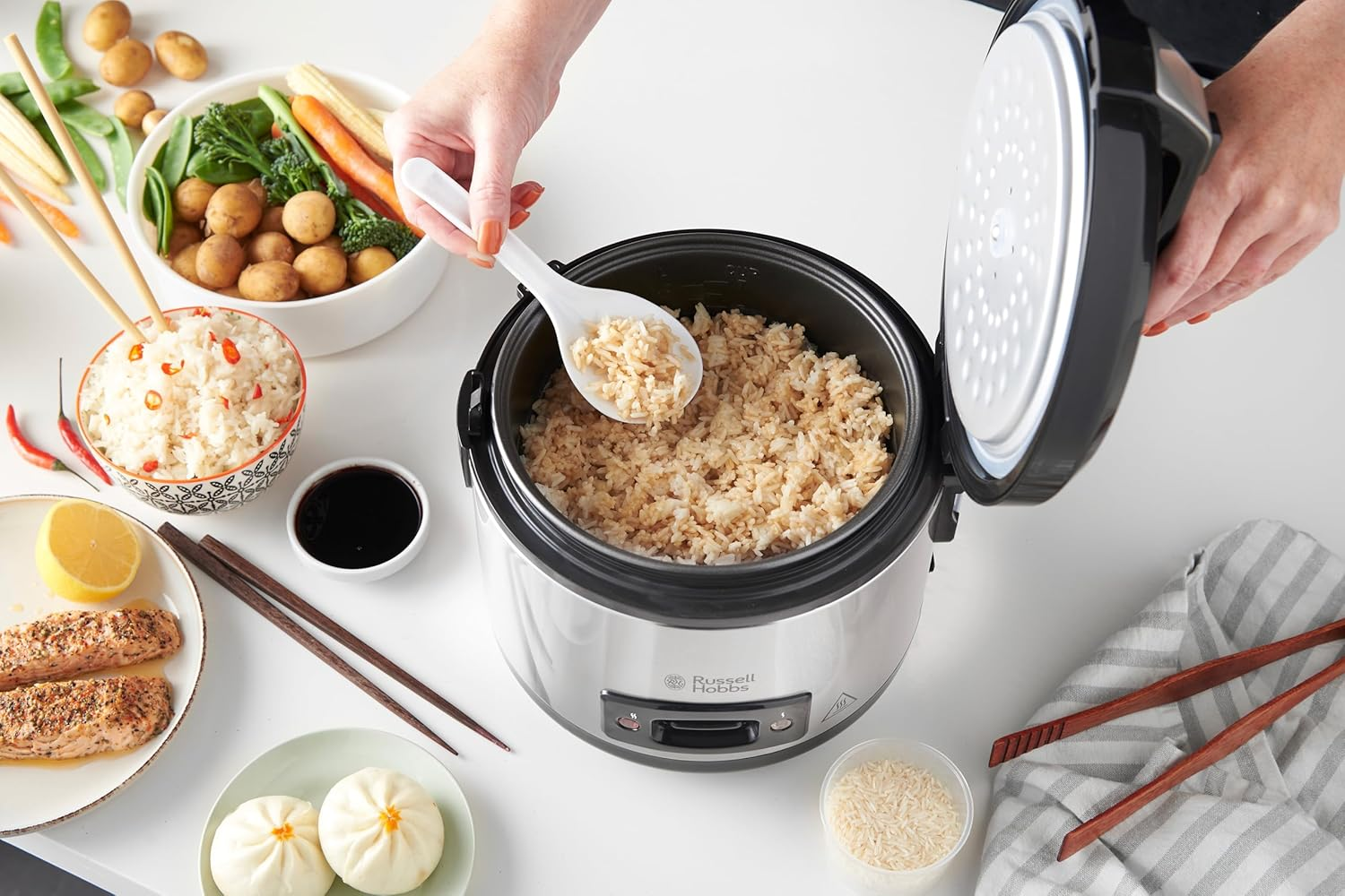Russell Hobbs 27080-56 Rice Cooker [Test Winner] 1.2 L with Steamer Insert with Aroma Hinged Lid (Warming Function, Non-Stick Coated Garden Pot, Rice Spoon and Measuring Cup, Stainless Steel)