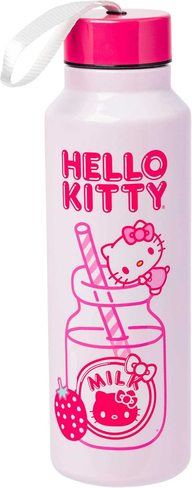 Silver Buffalo Hello Kitty Kawaii Milk Stainless Steel Water Bottle with Strap, 27 Ounces