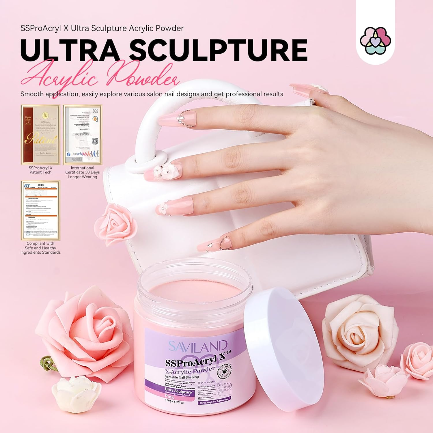 SAVILAND Pink Acrylic Powder Super-Hard: 5.29Oz Keratin Acrylic Powder Smoother Acrylic Nail Powder Bubble Free Professional Nail Powder for Nail Extension & 3D Carving Acrylic Nail Kit Home Salon image number 5