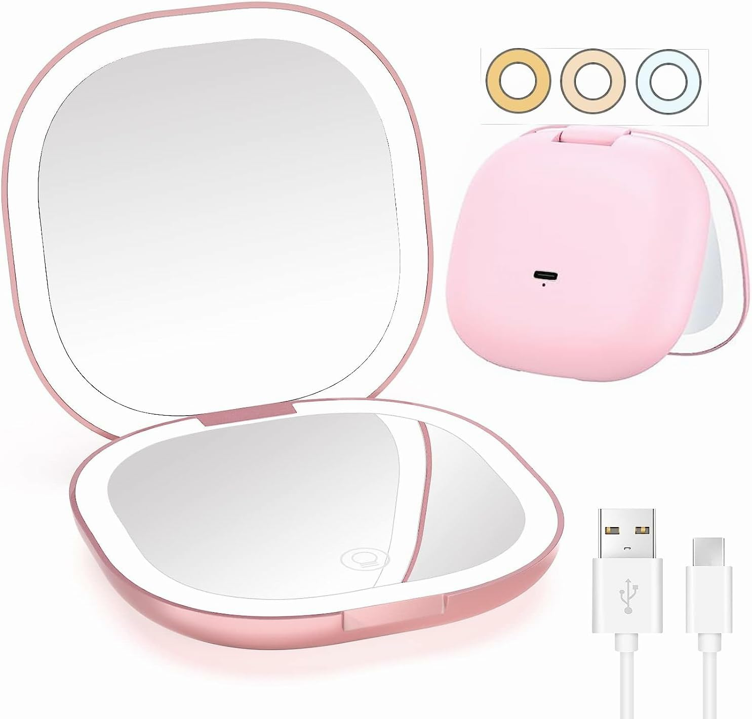 YUKAIONE Rechargeable LED Makeup Mirror, Compact Travel Mirror with 1X/10X Magnification, 3 Color Lights, Mini Magnetic Pocket Mirror for Women(White)