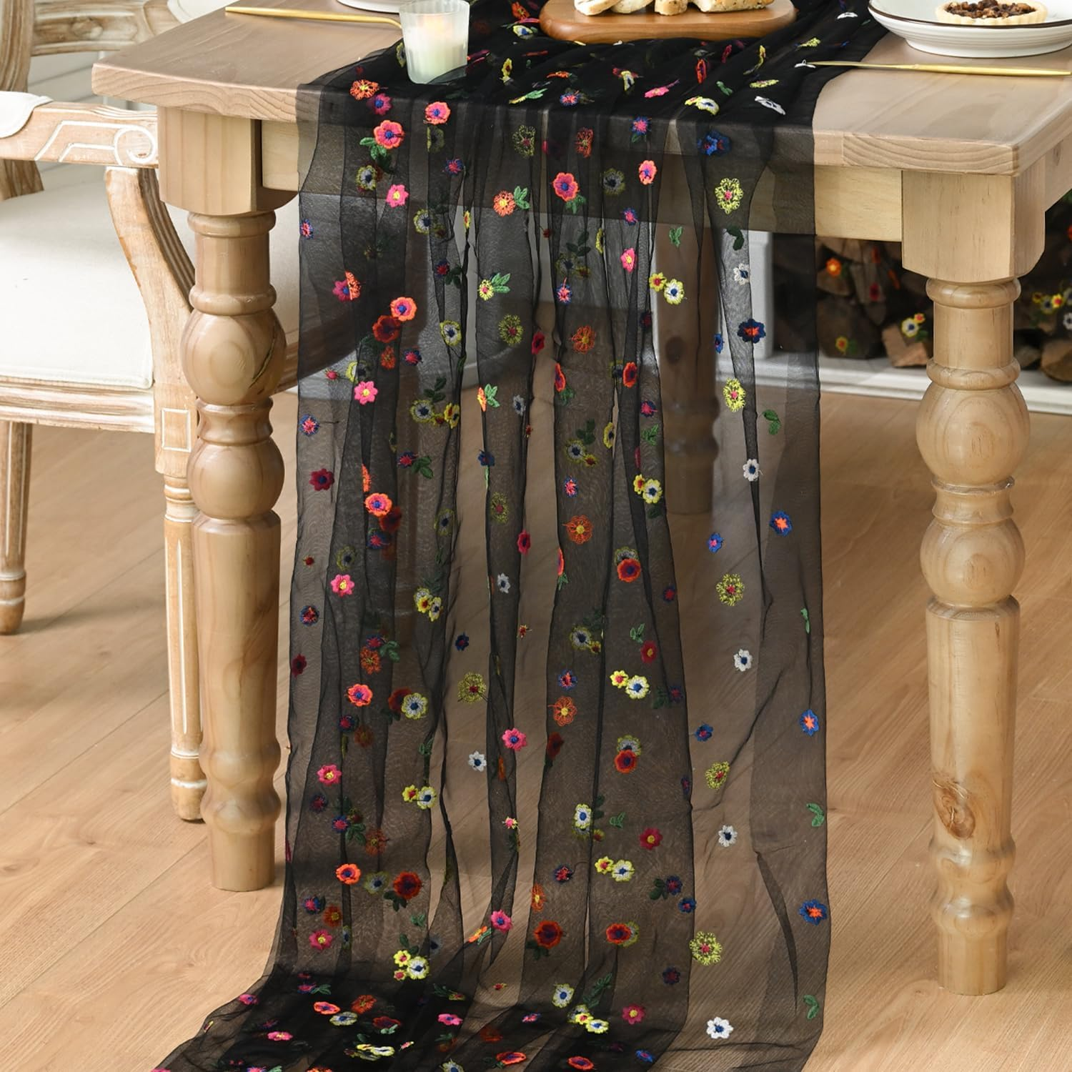 Artoid Mode Black Embroidery Daisy Gauze Table Runner 120 Inch 10FT, Seasonal Sheer Kitchen Dining Holiday Wedding Birthday Table Decor for Home Party image number 6