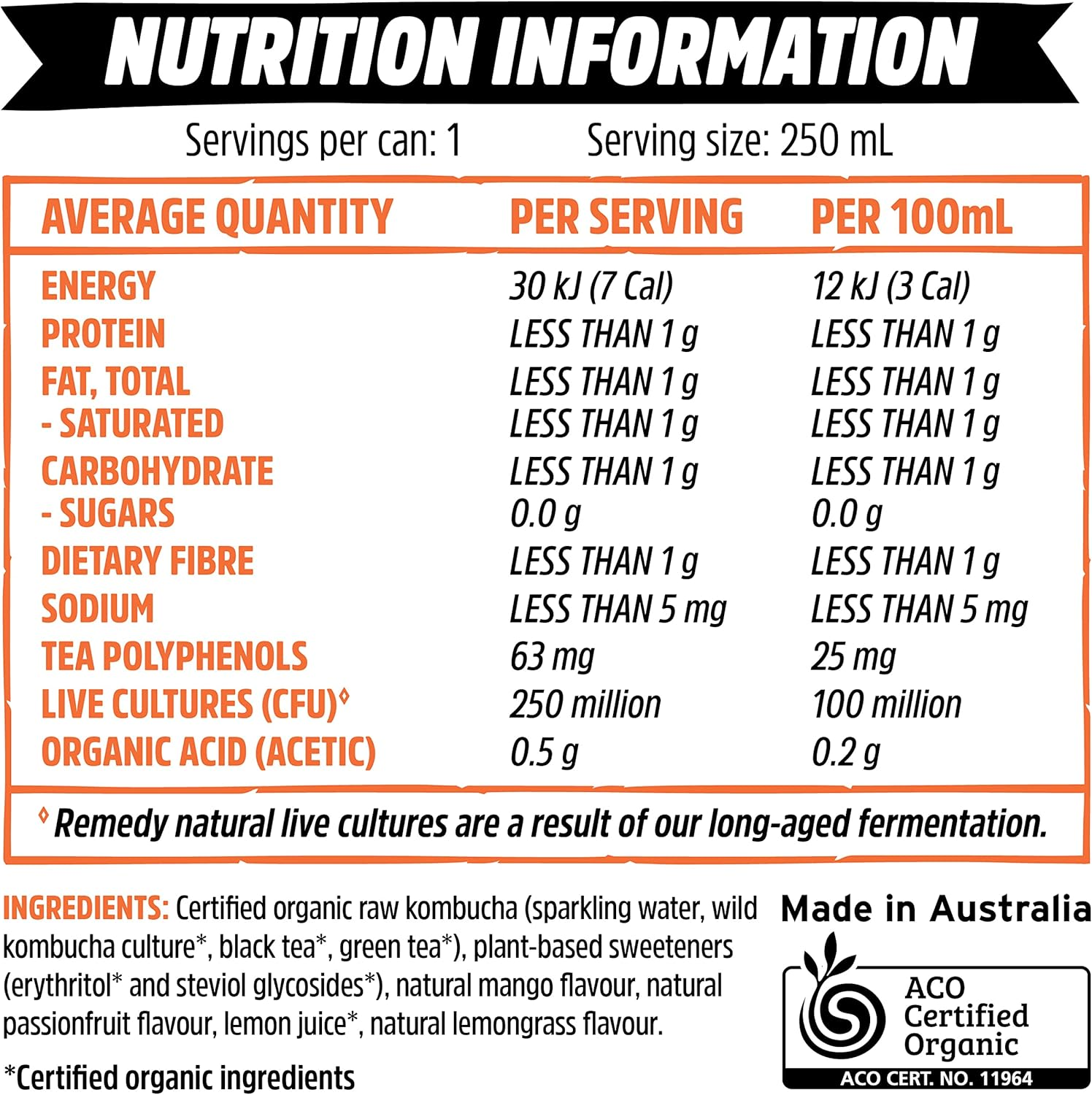 Remedy Kombucha - Organic Sparkling Live Cultured Drink - No Sugar Mango Passion - 24X250Ml Can Case image number 6