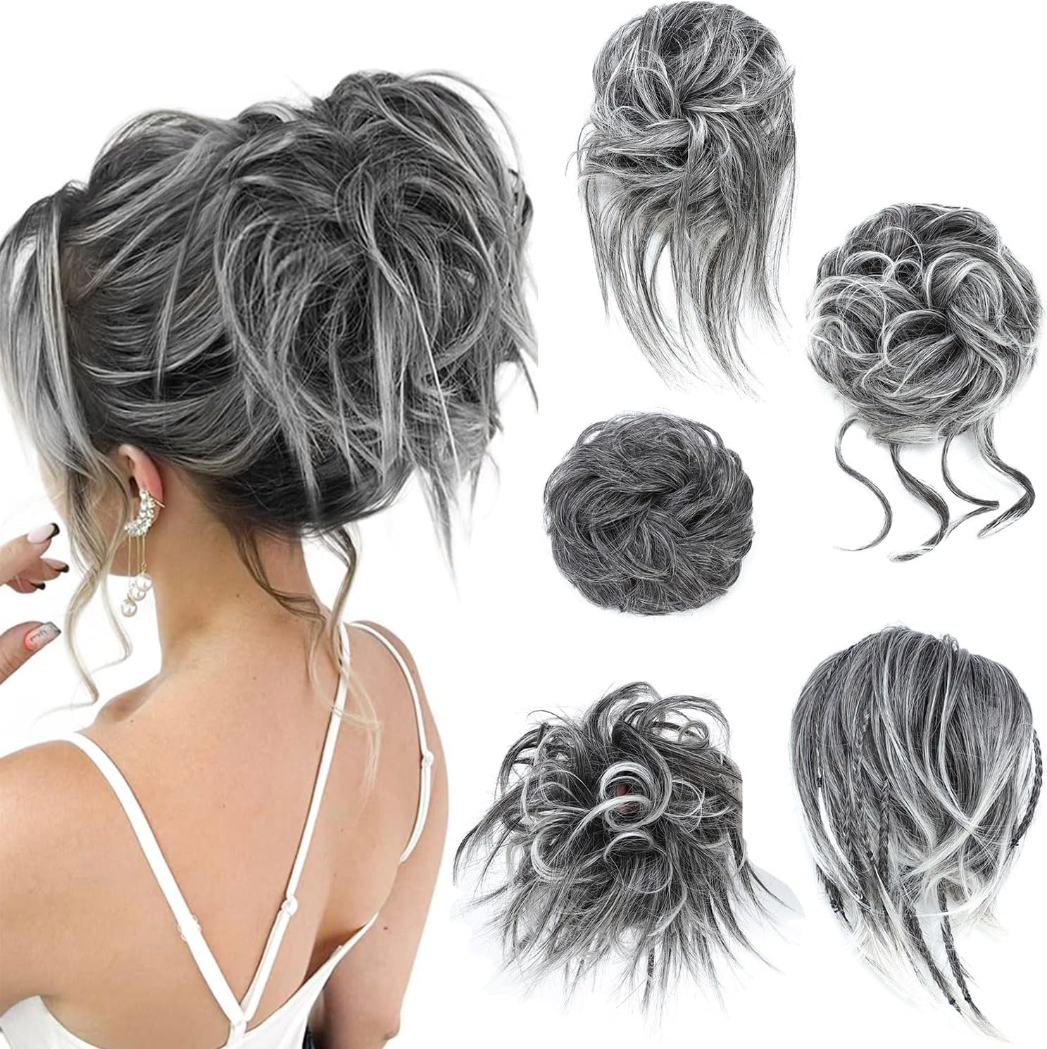 Fulang Hair Pack of 5 Hairpieces with Elastic Band, Large Bun Hairpiece, Wavy Natural Synthetic Hair Scrunchie, Women'S with Hair Updo Hair Extensions, Messy Bun Hairpieces (5 Pieces/Pack) (4/60) image number 5