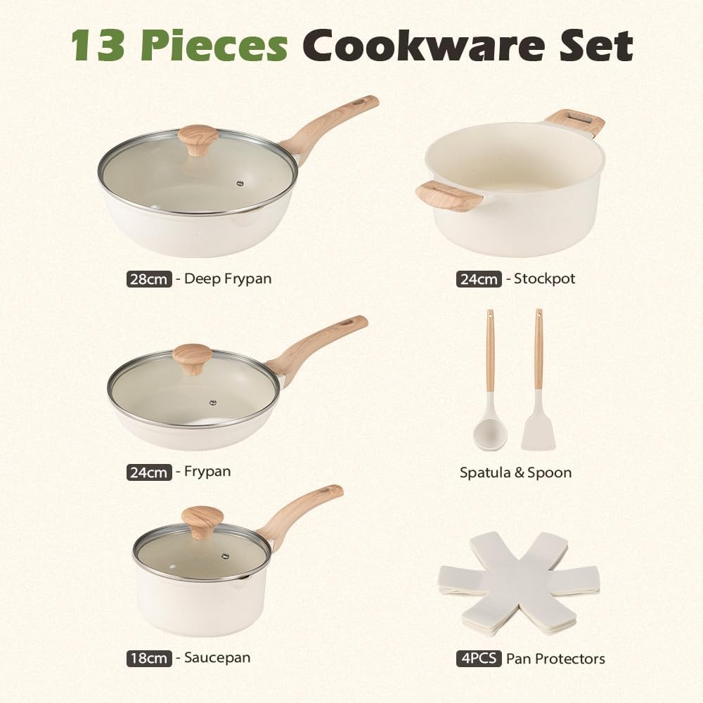 ZUNI 13Pcs Ceramic Cookware Sets, Nonstick Pots and Pans Set, Non-Toxic Kitchen Cooking Set with Frypan, Saucepan, Stockpot, Spatula & Spoon Tools and Pot Protectors, PFOA PFOS Free image number 4