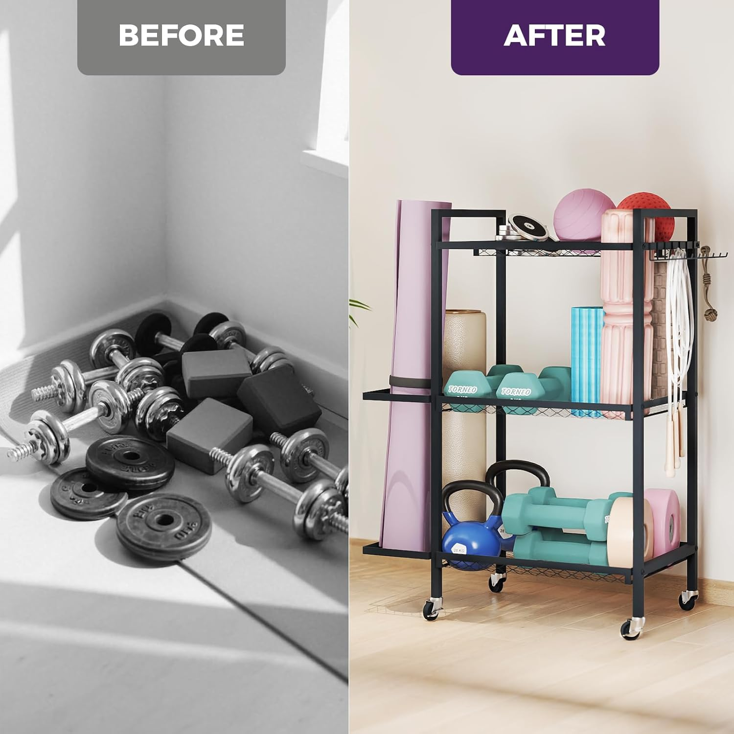 Yoga Mat Storage Sports Mat Exercise Equipment Storage Basket Training Equipment Yoga Mat Fitness Dumbbell Organiser Shelf Storage Basket Storage Rack Trolley image number 1