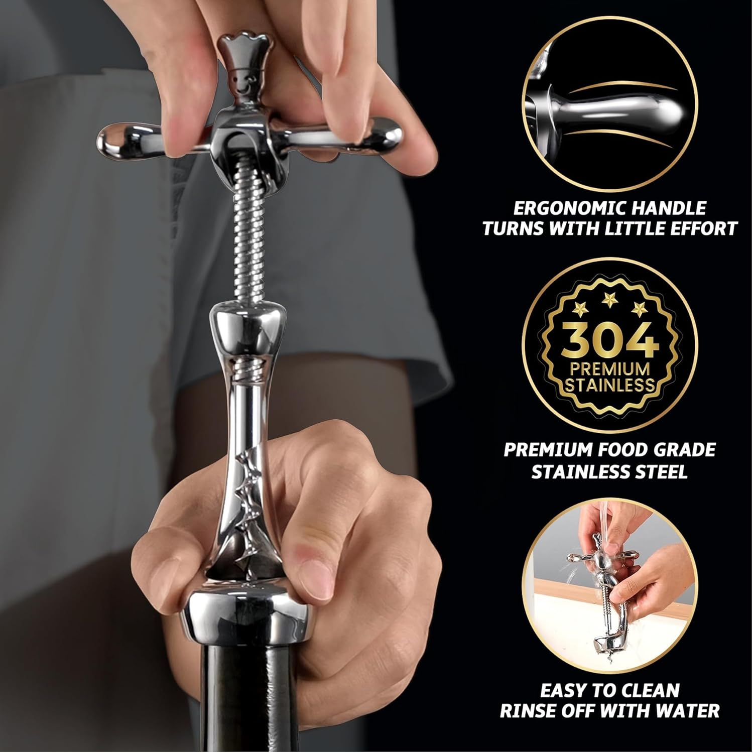Wine Opener Deluxe, Heavy-Duty Bottle Opener for Easy Cork Removal, Manual Corkscrew for Smooth & Effortless Intact Wine Corks, Premium Corkscrew for Waiters, Bartenders & Home Use image number 2