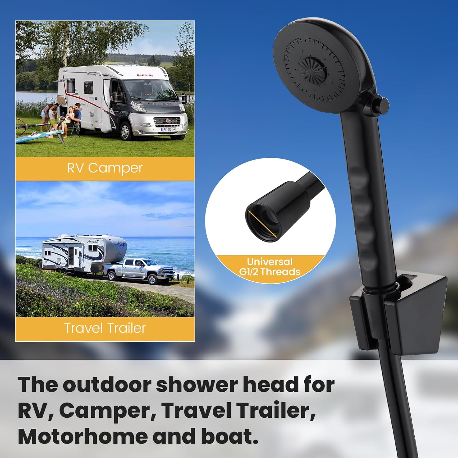 RV Shower Head with Hose, RV outside Shower Parts with Pause Function, Outdoor Shower Replacement for RV, Camper, Van, Travel Trailer, Motorhome and Boat (Black)