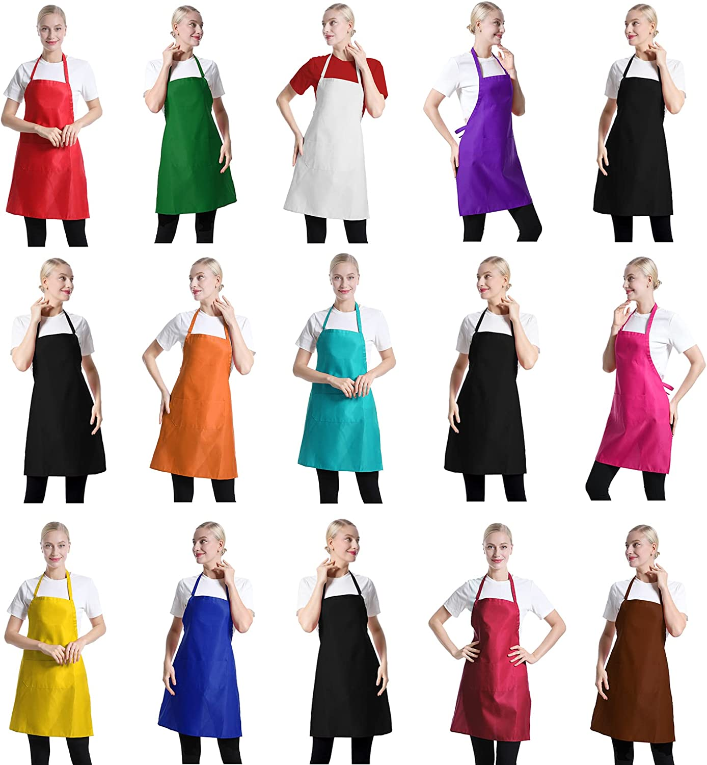 Total 15 PCS Blue Plain Color Bib Aprons Bulk for Women Men Adult with 2 Front Pockets (Baby Blue,15Pcs)