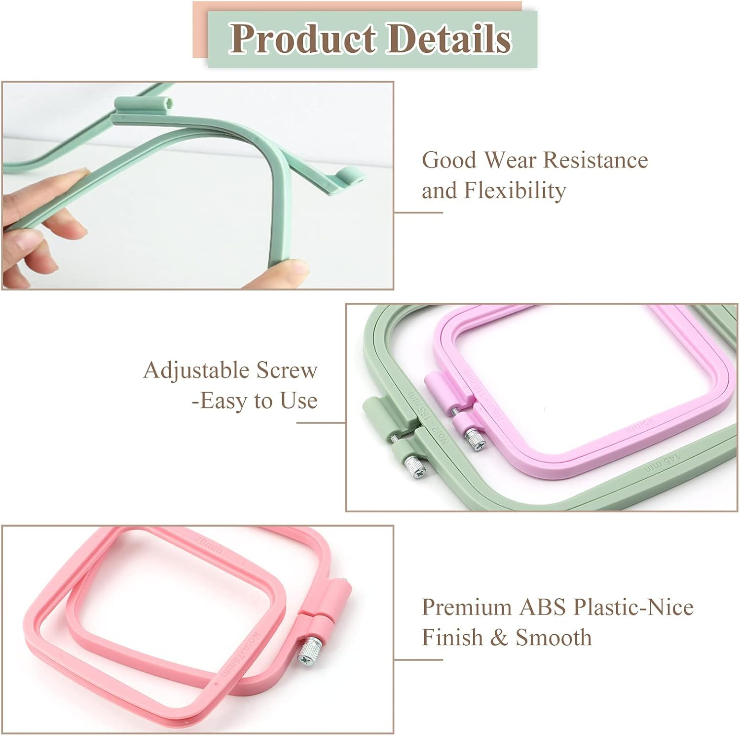 4 Pcs 4 Size Square Embroidery Hoops, ABS Plastic Embroidery Hoops Cross Stitch Hoops Embroidery Frames for Sewing, Needlework, Embroidery Projects (Size-3", 4.3", 6.5", 8.7") image number 5