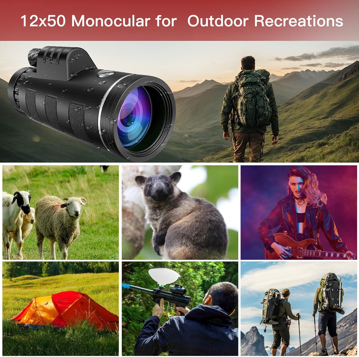 Monocular Telescope for Adults,12X50 HD Large Vision Monoculars with Smartphone Adapter Tripod,High Powered Monocular for Bird Watching Hunting Hiking Camping Wildlife,Bak4 Prism FMC Lens,Waterproof image number 4