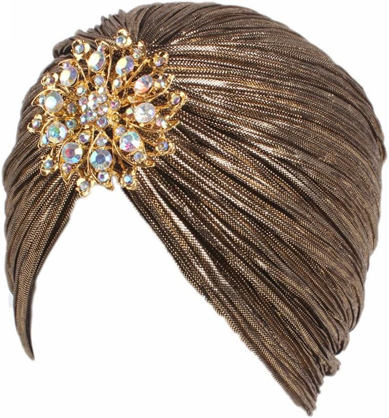 Women Vintage Turban Hat with Rhinestones Flower Decoration Beanie Cap Headwrap for 1920S Gatsby Costume Cocktail Party