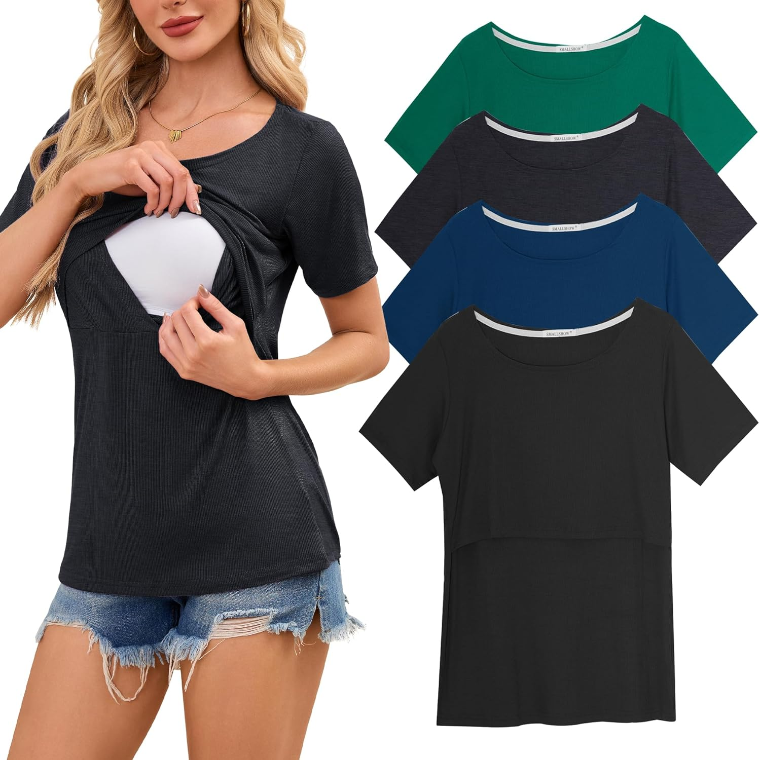 Smallshow Women'S Nursing Tops Ribbed Short Sleeve Breastfeeding Clothes 4 Pack