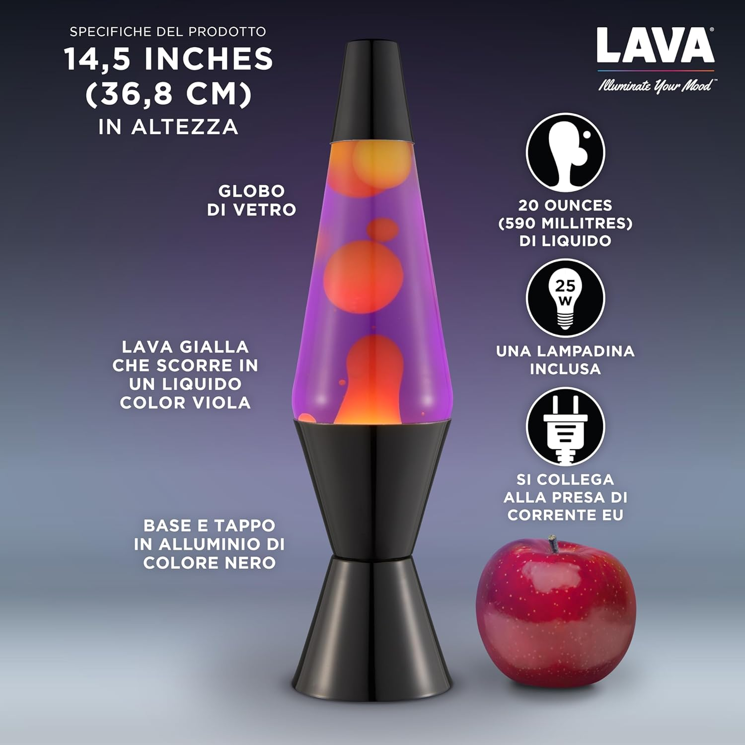 Lava&reg; - Lava Lamp 2323, Yellow Wax, Purple Liquid, Black Base and Cap, Original Lava&reg; Brand 14.5 Inch Motion Lamp