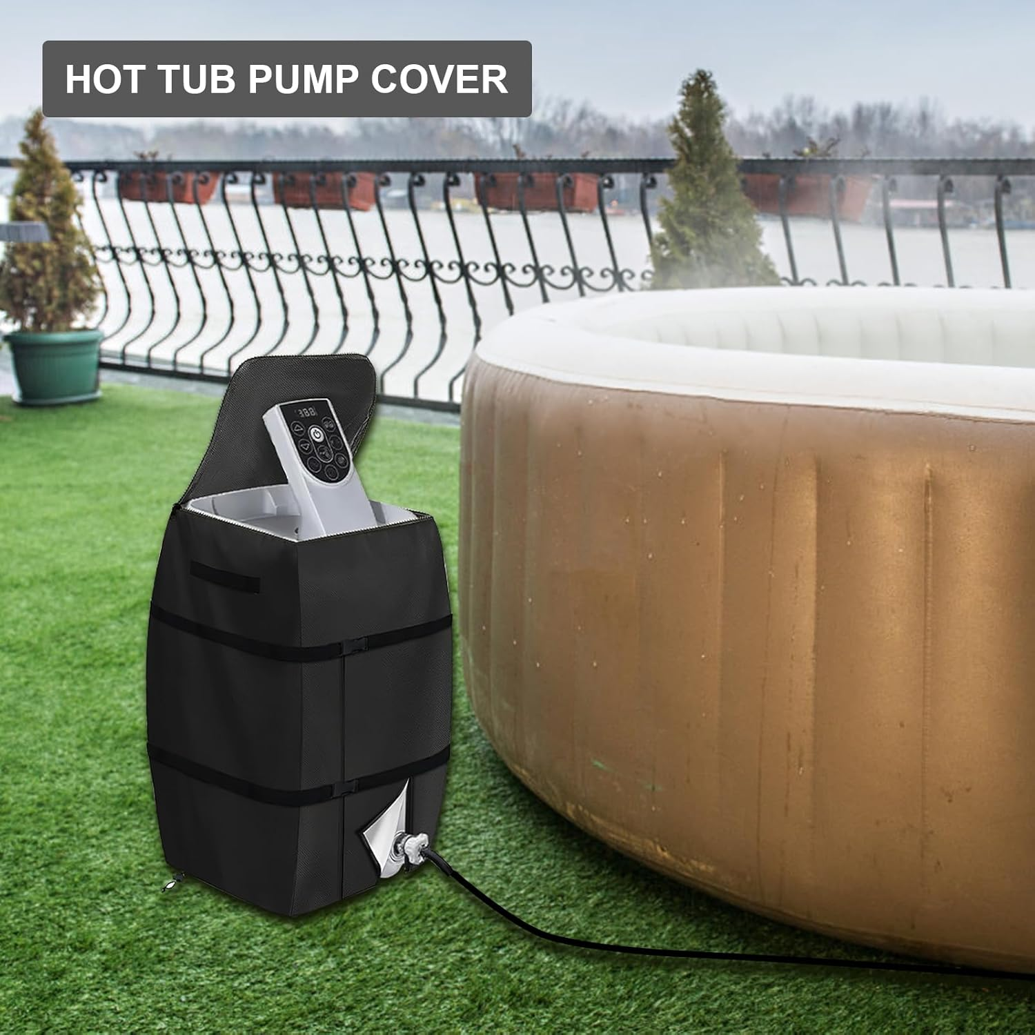 Hot Tub Cover,Spa Heater Pump Cover Waterproof Dustproof Insulated Pump Cover with Zipper Opening Lazy Spa Thermal Cover Accessories Hot Tub for Outdoor Travel Bathtub Pools Inflatable Bathtubs(Black)