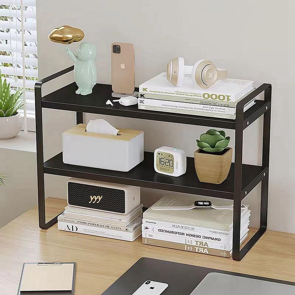 Iron+Wood Student Desktop Clutter Storage Bookshelf, Office Computer Desk Deskt File Organizer Rack 2-Tier Cabinets Shelf (Black, 2-Tier), 014-8