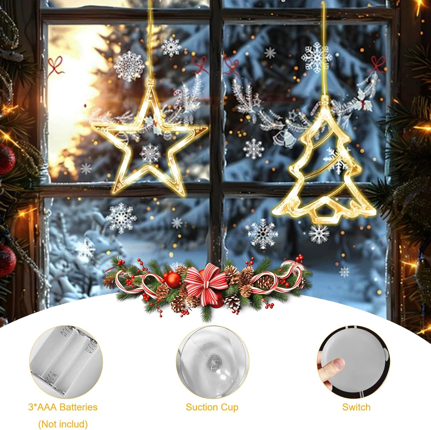Nuluxi 2 X LED Stars Christmas Tree Christmas Lights, LED Christmas Decoration with Suction Cups, Warm White Christmas Star Indoor for Christmas Decoration, Doors, Shop Window, Party, Wedding, Balcony image number 5