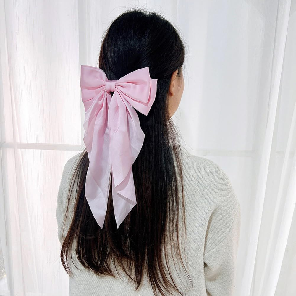 2 Pieces Large Satin Hair Clips with Bow Long Ribbon Hair Bows Hairpins Solid Color Bow Hair Clips Vintage Silky Hair Accessories for Women (White/Green) image number 1