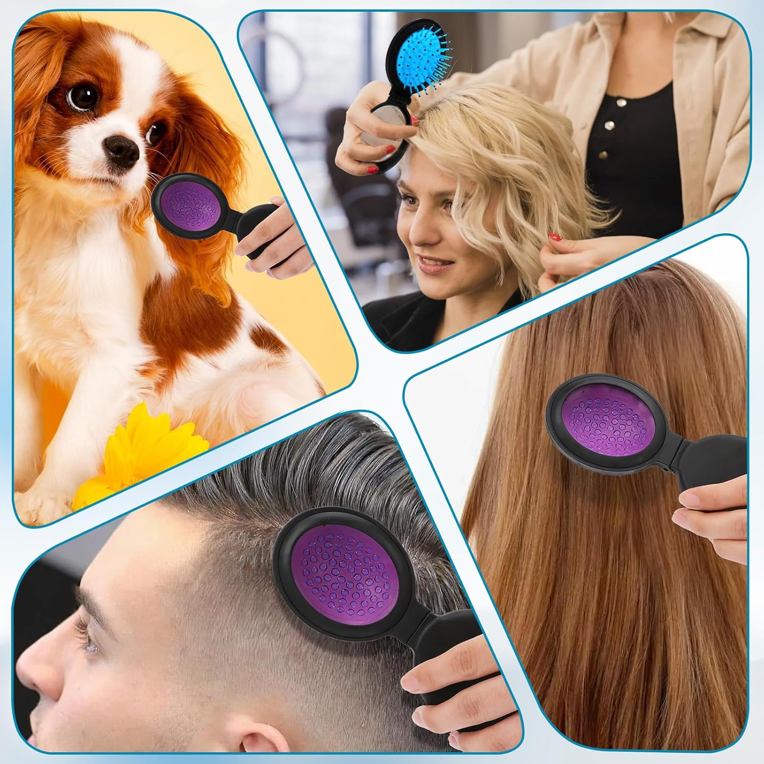 Pack of 2 Mini Foldable Hair Brushes with Mirror Travel Hair Brush Folding Brush Mini round Foldable Hair Massage Comb for Women Girls (Blue, Purple) image number 5