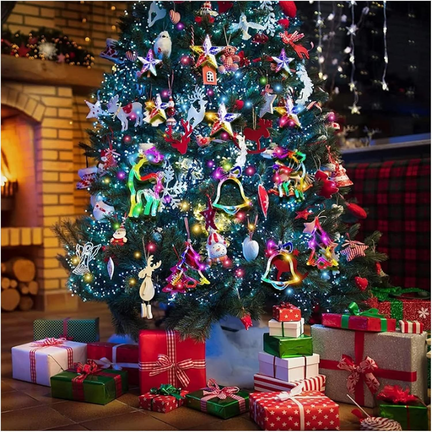 Christmas Window Lights, 138 LED 3.5M Christmas Decorations Indoor Lights with Christmas Tree Bell Reindeer Star, Alway-On Flash Hanging Decors Lights for Party Home Window(Multicolor)