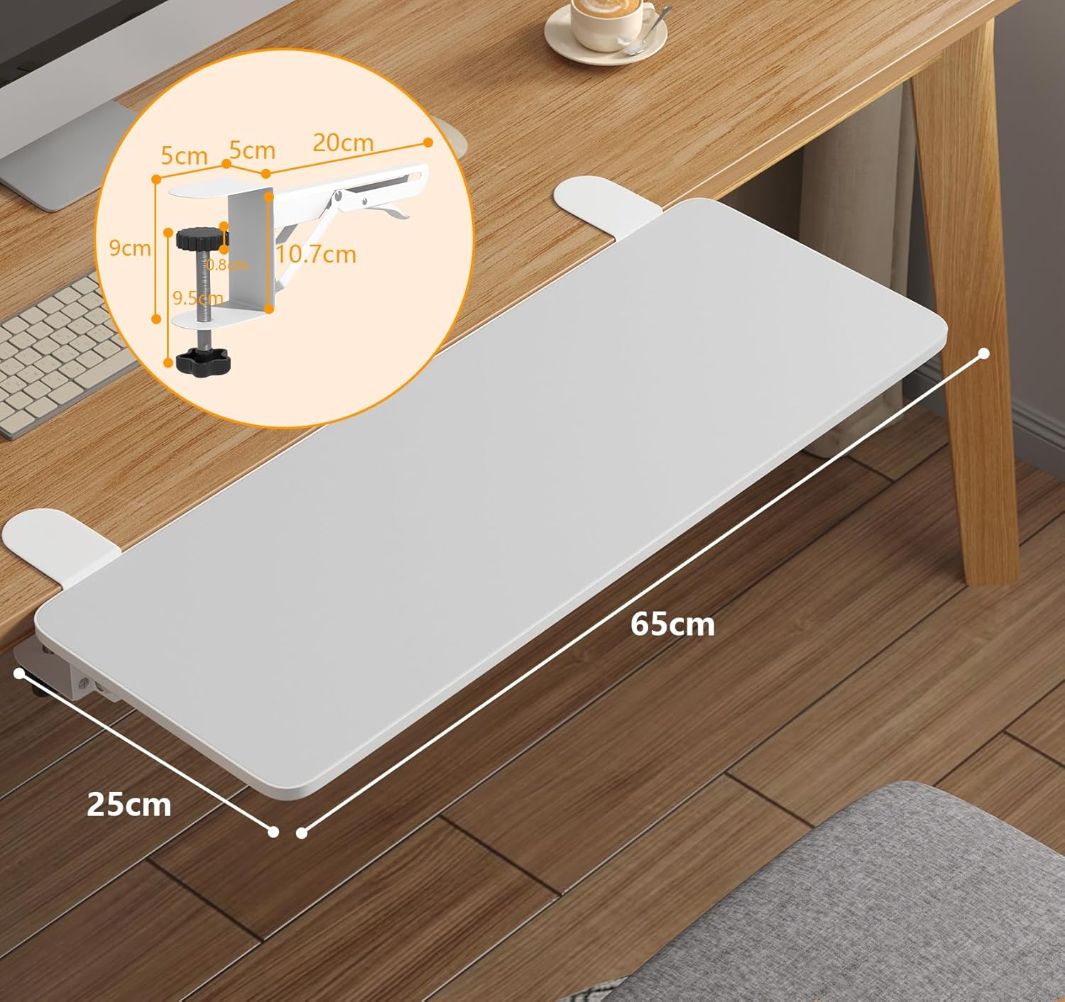 WYJREES Ergonomics Desk Extender Tray,30"X9.9" Table Mount Arm Rest Shelf,90&deg; Foldable Keyboard Tray Platform,Clamp on Computer Arm Rest for Desk,Desk Extension for Office Home Desks,White image number 2
