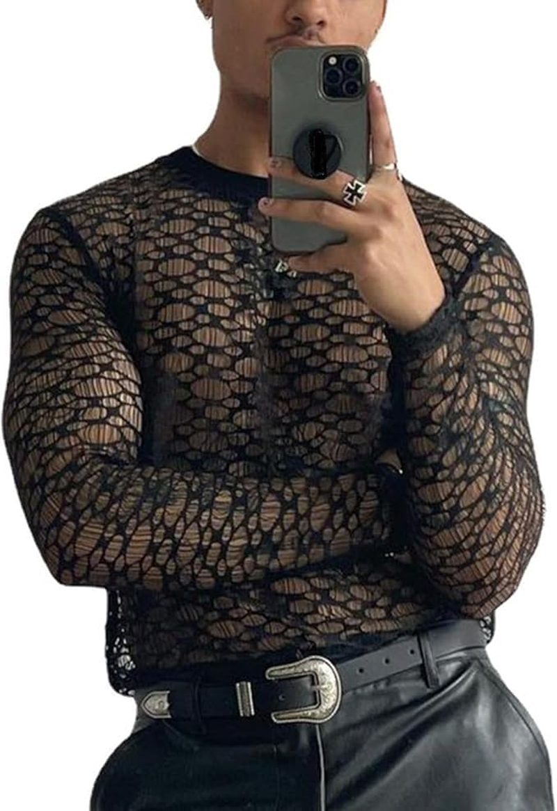 Men'S T-Shirt Sexy Costume Mesh Semi See through Long Sleeve Base Layer Lace Hollow Top image number 2