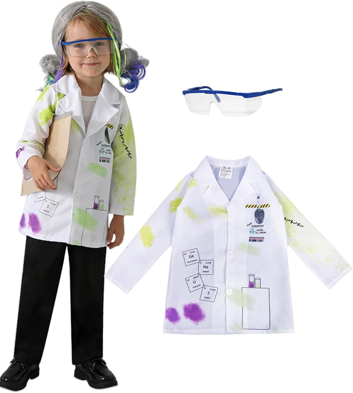 Mad Scientist Costume for Girls Boys Crazy Science Lab Coat Kids Halloween Dress up Costume