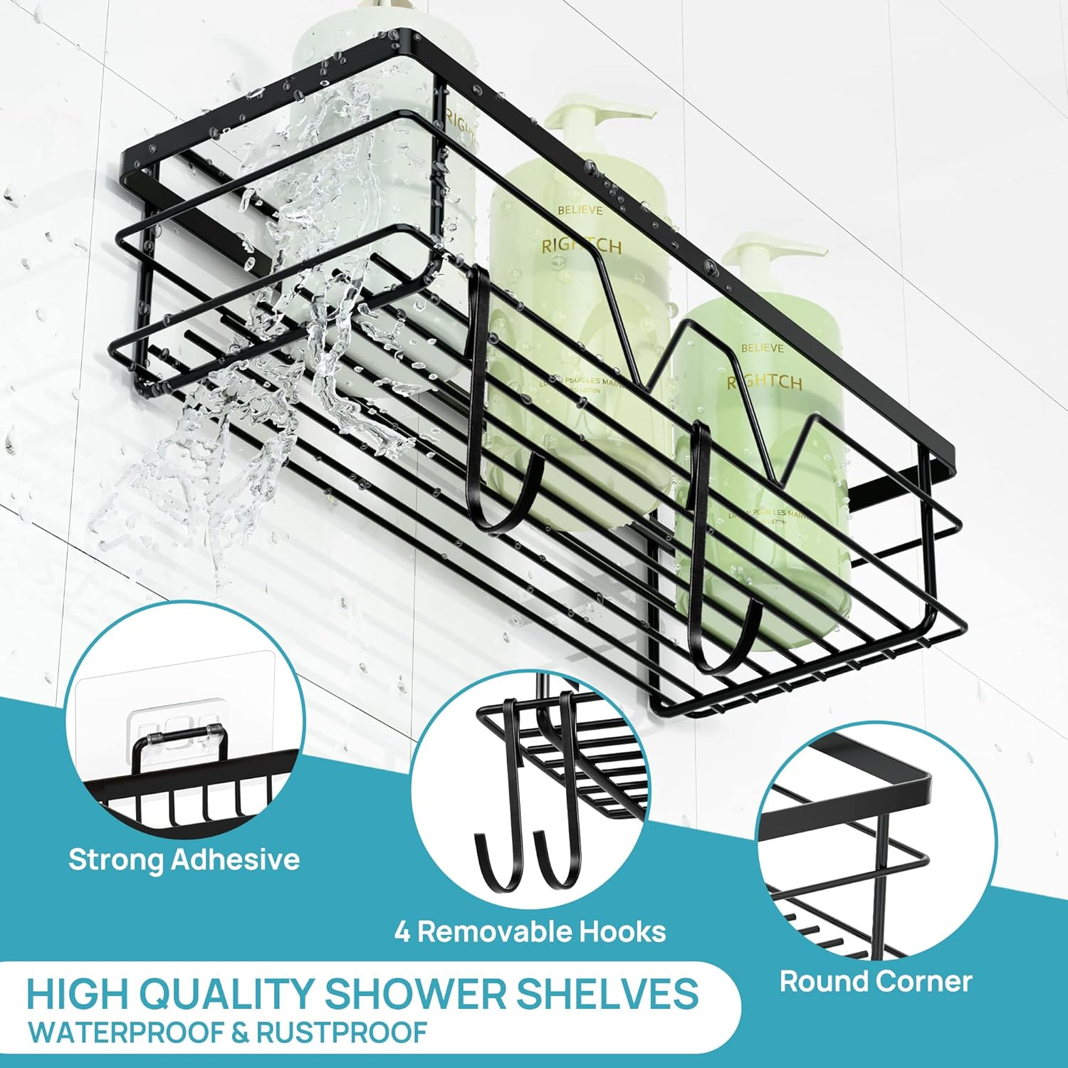 Vtopmart 5 Pack Shower Caddy Bathroom Shelves with 4 Hooks, 2 Soap Holders, Self Adhesive Bathroom Storage for inside Shower, Stainless Steel Bathroom Organiser for Kitchen, Restroom, Black image number 5