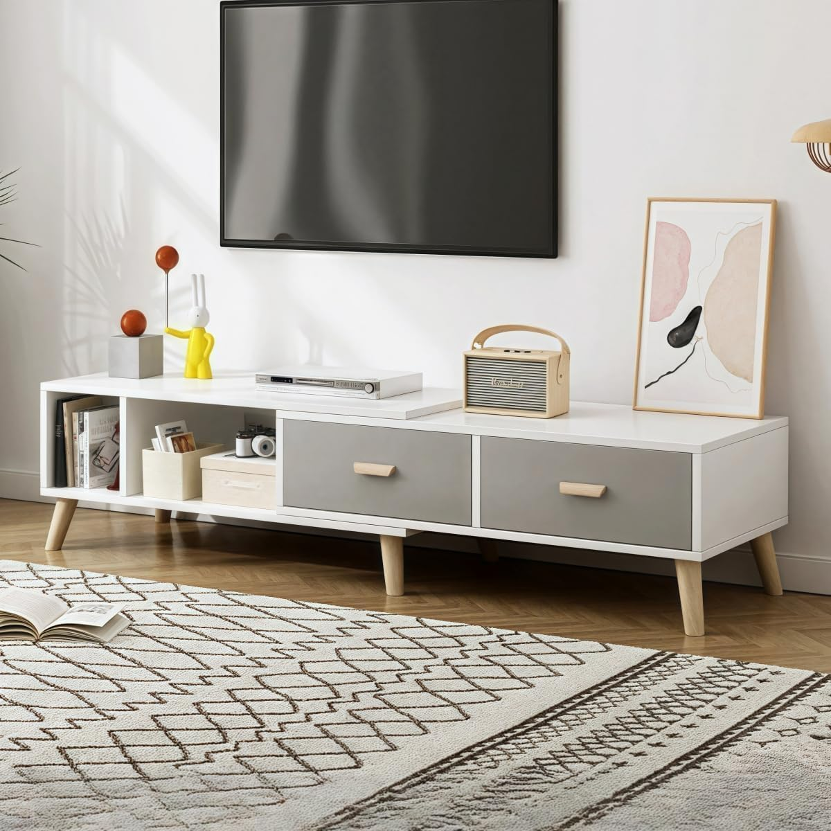 Uandhome Modern TV Cabinet,Wooden TV Entertainment Media Center Console Table with Drawers and Doors and Open Storage Shelf, Multifunctional TV Stand/Unit for Living Room,Bedroom (Wood 140*30*38Cm)