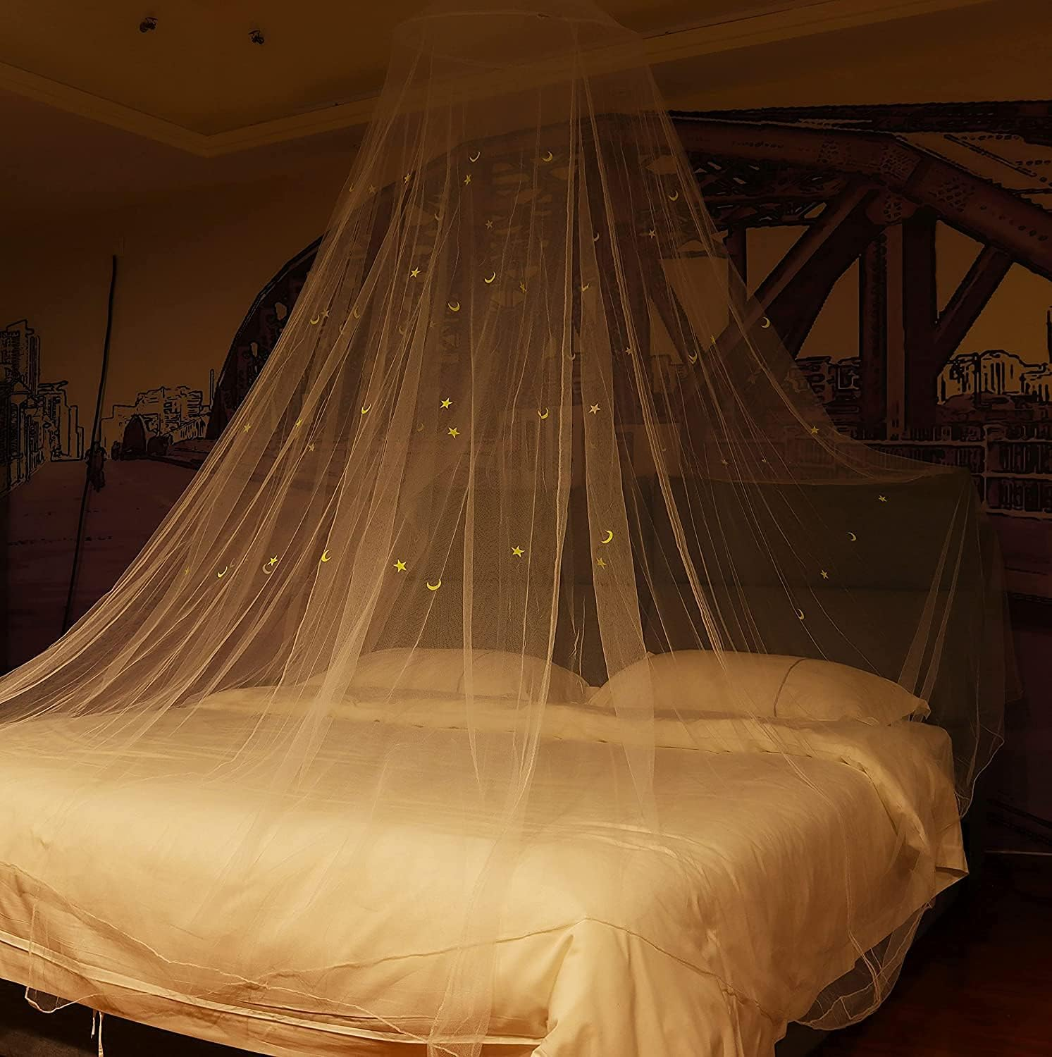 Bed Canopy with Fluorescent Stars & Moon Glow in Dark Bed Net for Baby, Kids, Girls or Adults, Canopy Bed Curtains to Cover the Baby Crib, Queen Size,Full Size,King Size Bed