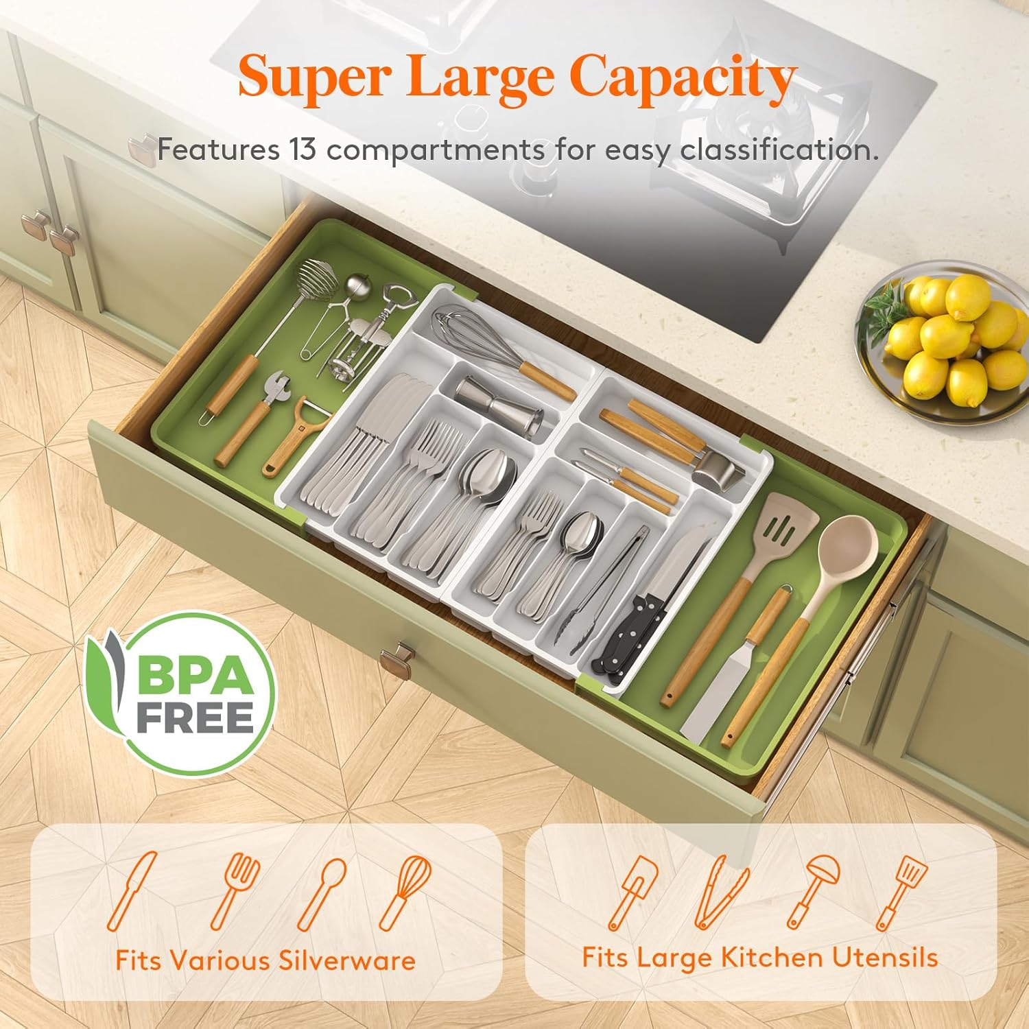 Lifewit Large Silverware Drawer Organizer, Expandable to 36 Inches Wide, BPA Free Plastic Utensil Tray for Kitchen, Adjustable Flatware and Cutlery Holder for Spoons Forks Knives, Green&White image number 6