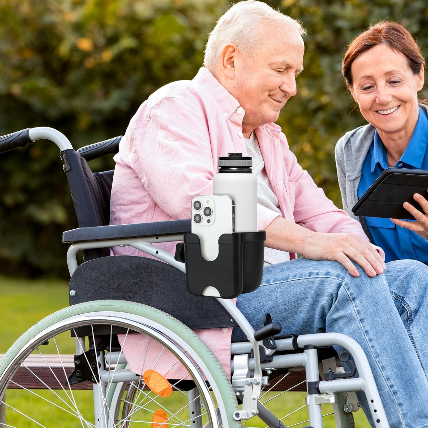 Accmor 2-In-1 Walker Cup Holder with Phone Holder, Wheelchair Cup Holder, Rollator Cup Holder, Cup Phone Holder for Walker, Wheelchair, Rollator, Mobility Scooter, Black image number 1