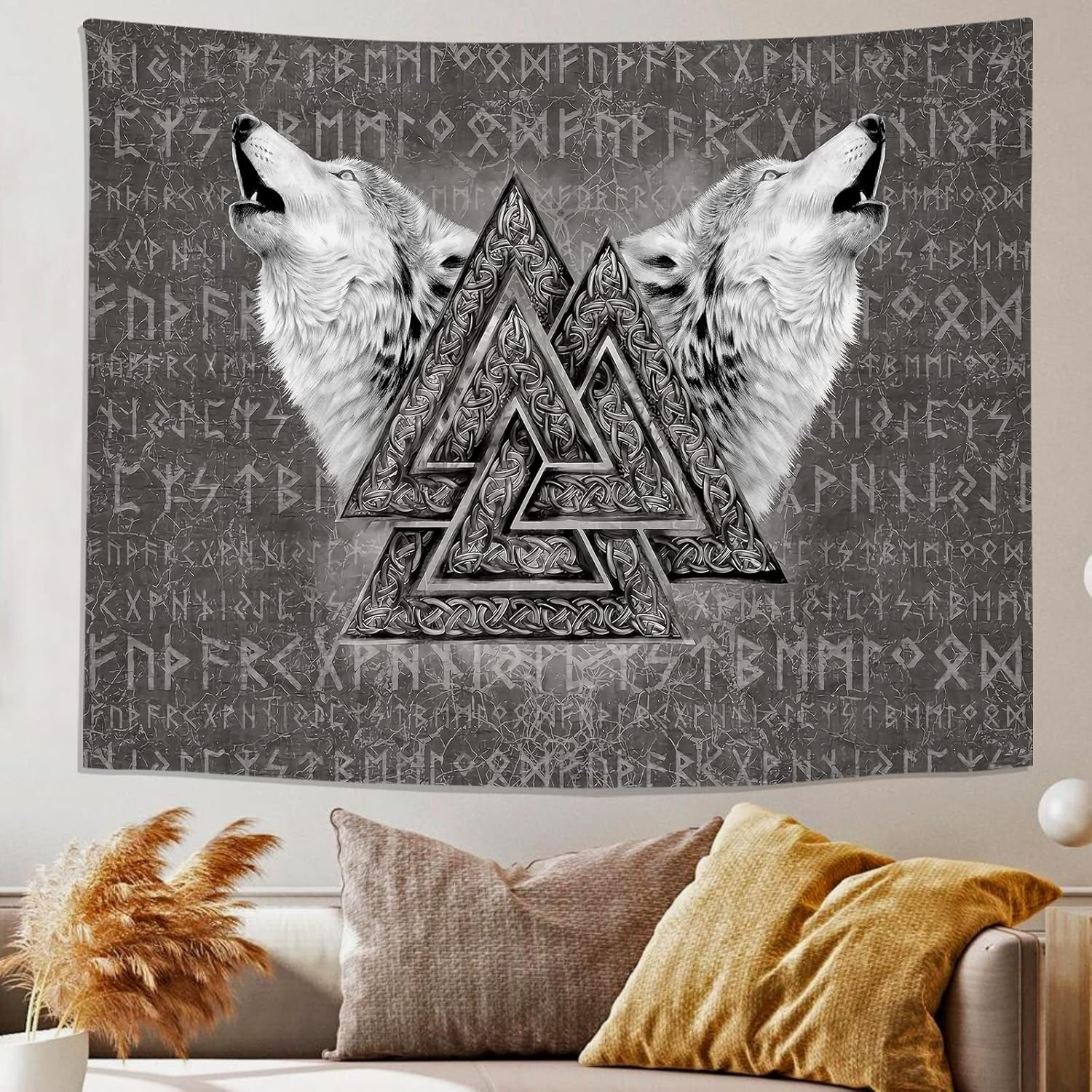 ST Soleme.Tc Viking Norse Wolf Tapestry Valknut Art Wall Nordic Mythology Tapestry Medieval Large Wall Hanging Runes Aesthetic Tapestries for Bedroom Home Decor Boy Men, 80" X 60" image number 1