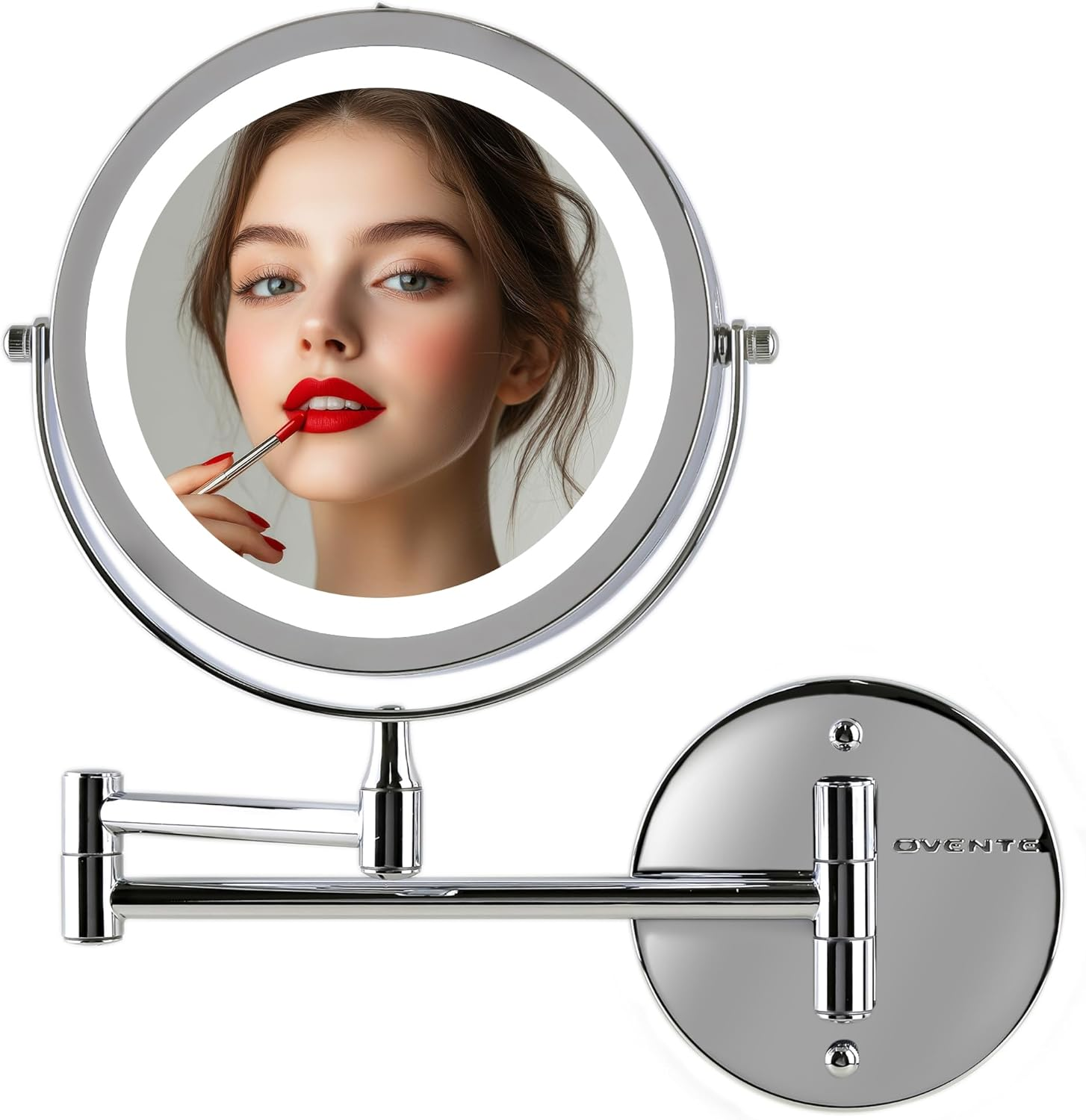 Ovente Wall Mount Make up Mirror, LED Lighted, 1X/10X Magnification, 7.0 Inch, Nickel Brushed (MFW70BR)