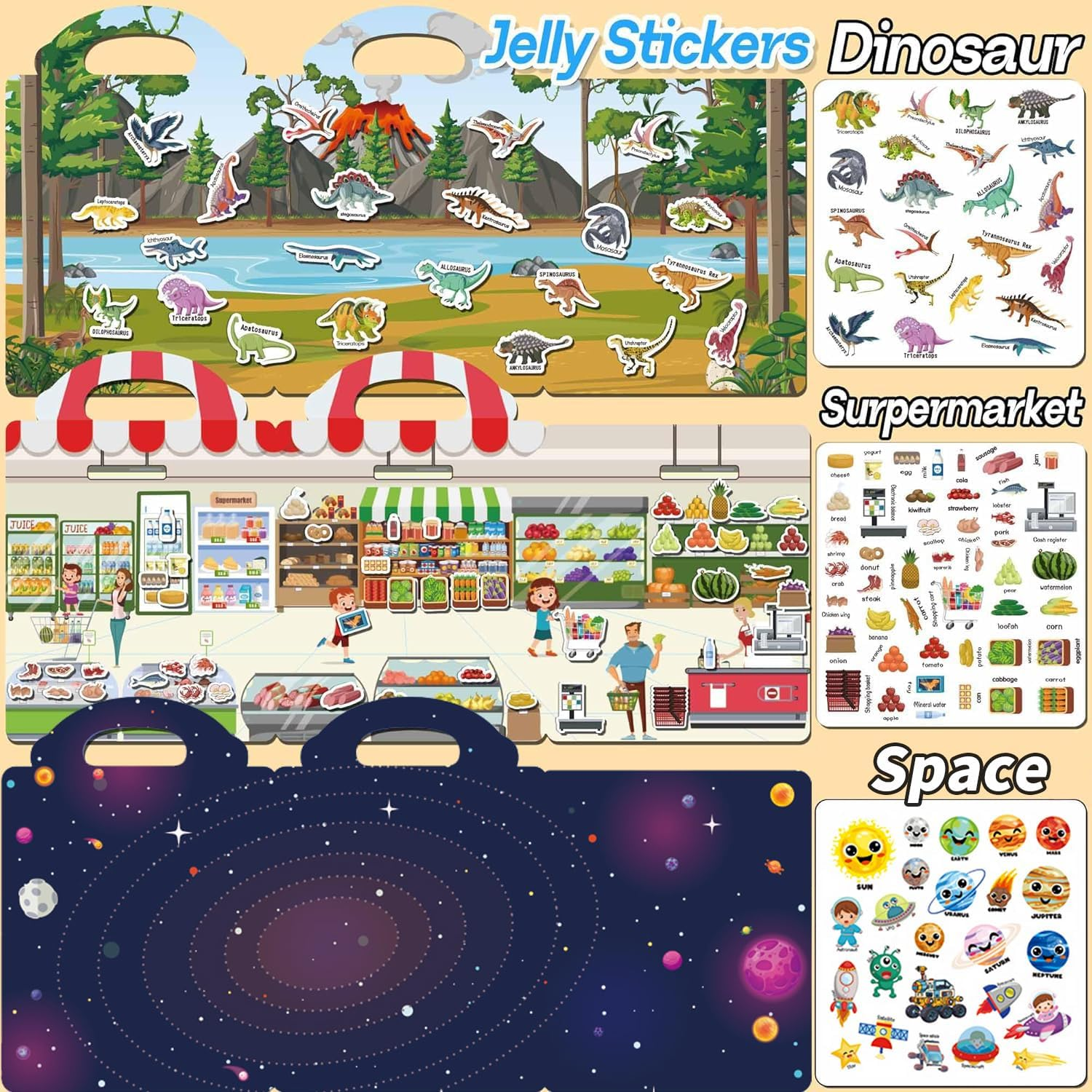 6Pack Sticker Books, 3D Puffy Reusable Sticker Book for Kids 2-4 Toys, Includes 6 Themes Ocean, Animals, Vehicles, Dinosaur, Supermarket, Space, Activities Book for Kids Party Favors Birthday Gifts image number 4