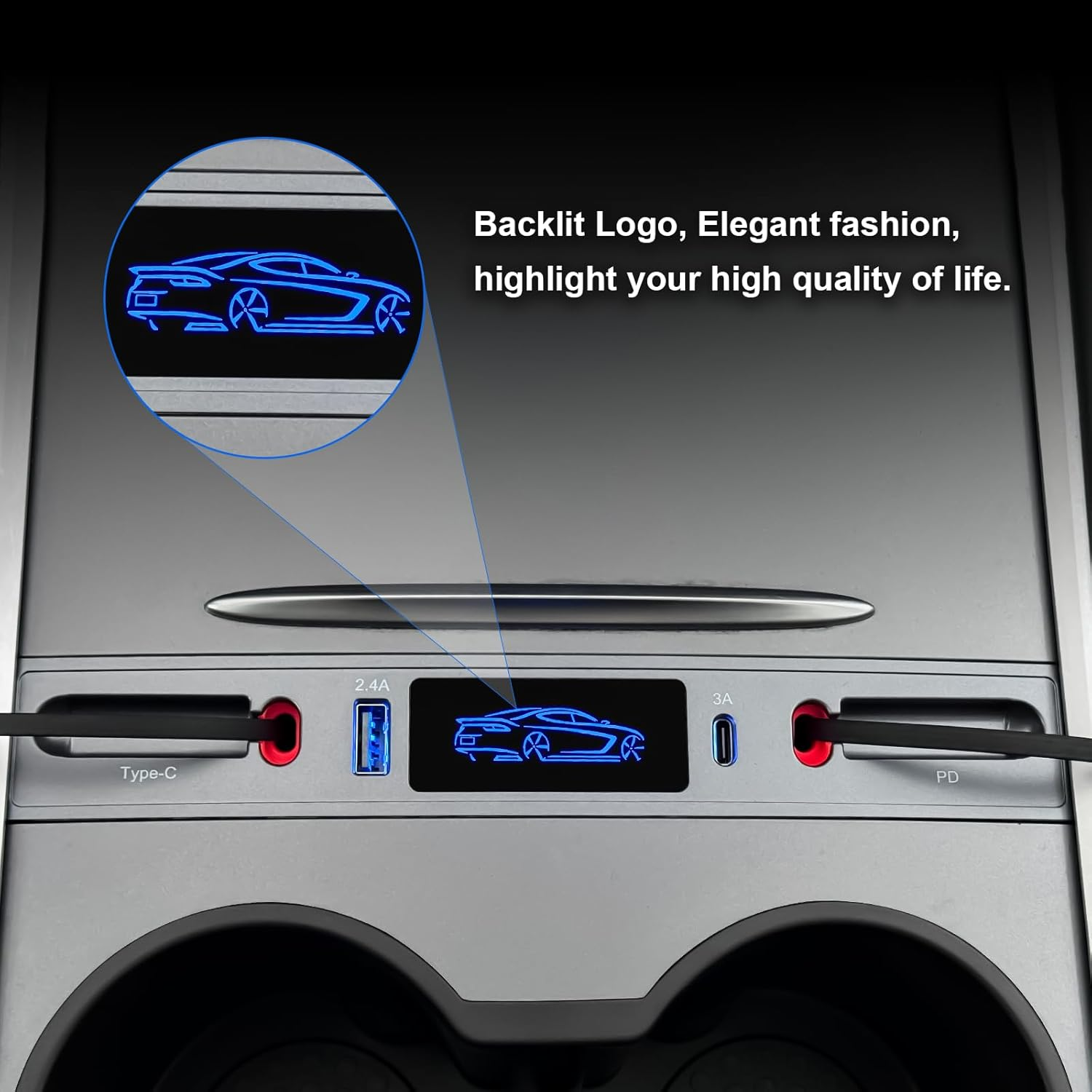 Moravartisan Center Console USB Hub for Tesla Model Y 2021-2024 Model 3 2021-2023, Docking Station Adapter with Retractable Charging Cables, Usb-C and Usb-A Fast Charger Expansion Dock, Backlit Logo image number 4