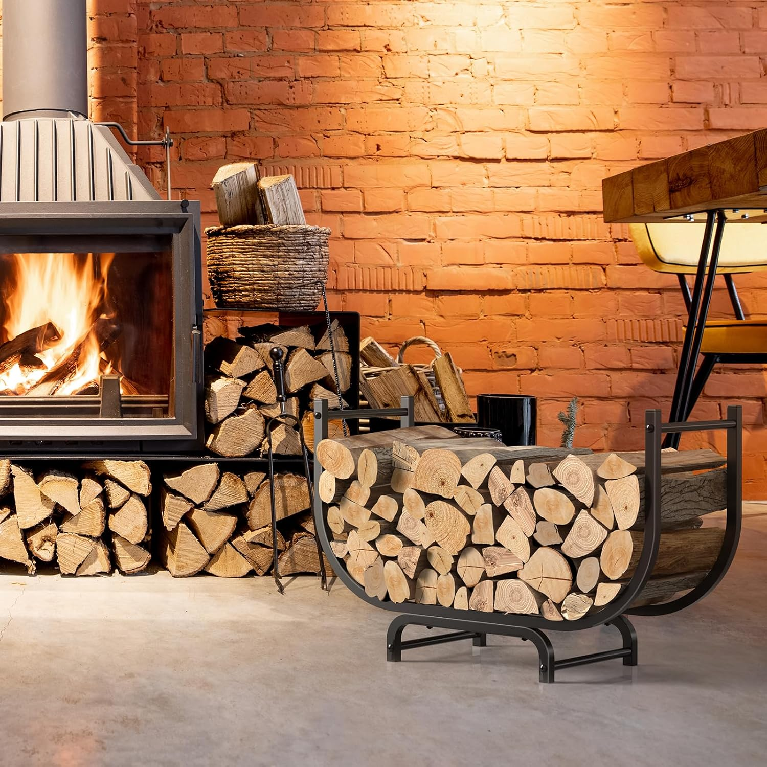 LIANTRAL 31.5 Inch Firewood Rack Outdoor Indoor, Curved Metal Wood Rack Heavy Duty Log Holder for Firewood Storage Holder Stand Wood Pile Storage Rack for Fireplace, Black image number 3
