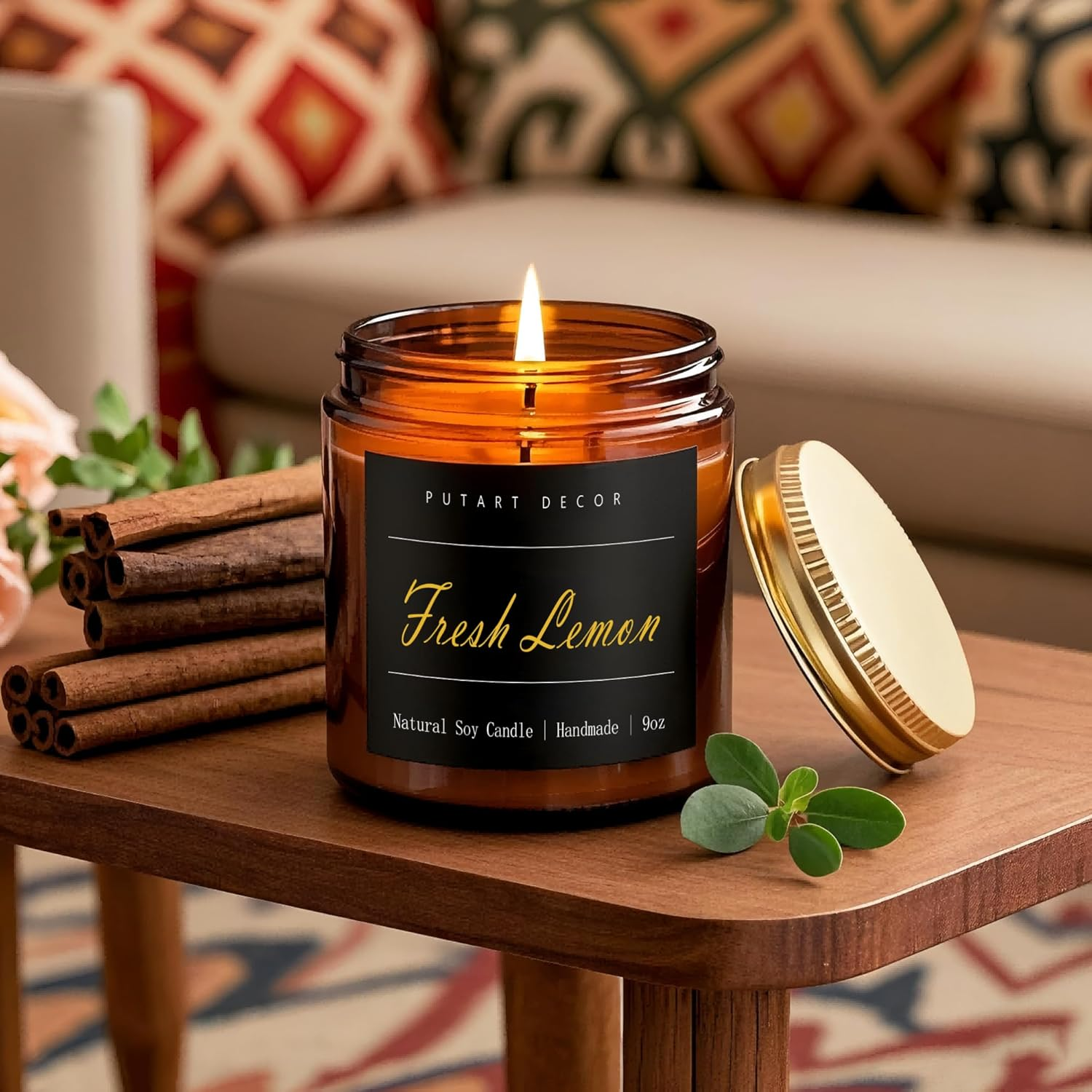 Fresh Lemon Candles for Home Scented, Natural Soy Aromatherapy Non Toxic Candles with Long Lasting Fragrance & Clean Burn, Luxury Jar Candle for Women, Men, Home Decoration 9Oz image number 6