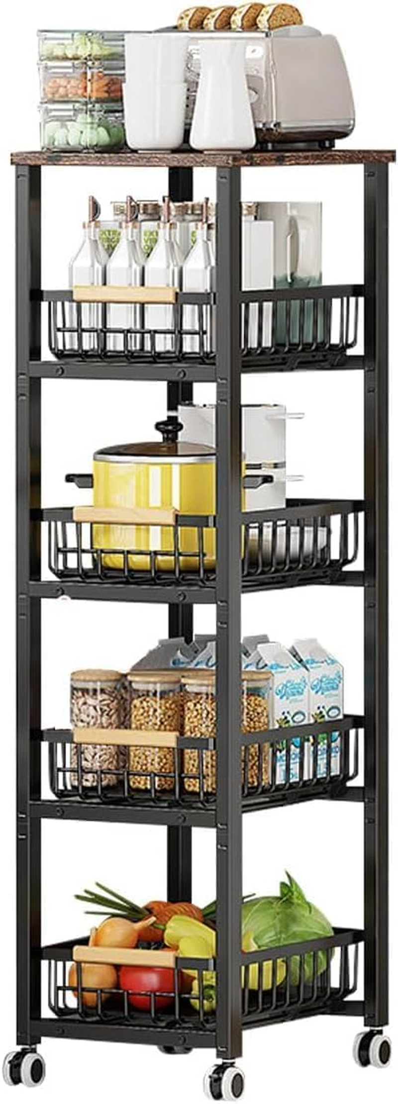 Kitchen Cart with Storage and Wheels, 5-Tier Metal Rolling Utility for Fruit and Vegetable Pantry, Potato Onion Basket for Kitchen, Bathroom (Retro)