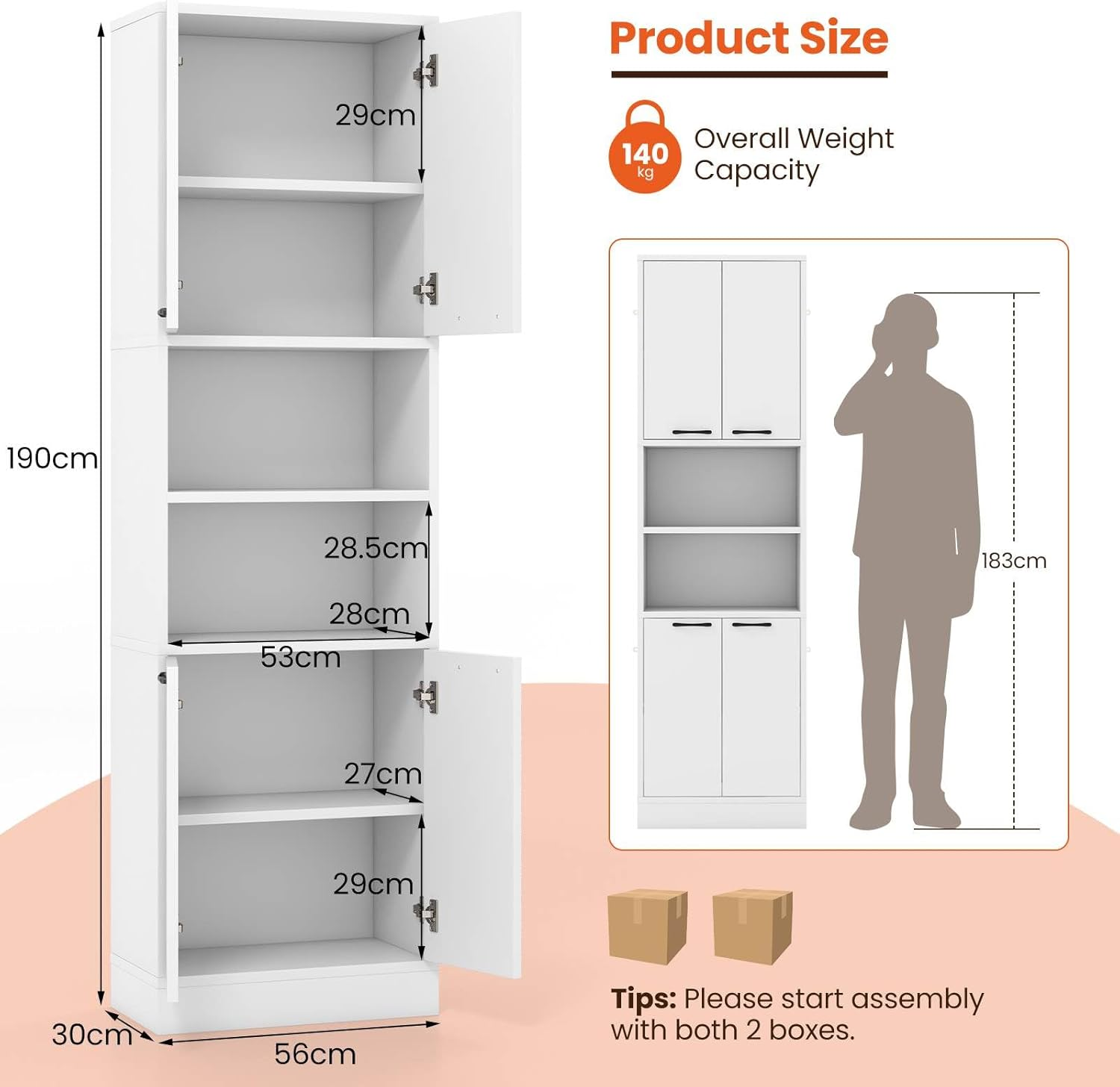 Giantex 190 CM Kitchen Pantry Cabinet, Tall Freestanding Cupboard with Doors & Shelves, Safety Hinges & Anti-Tipping Devices, Storage Sideboard for Dining Room Living Room, White - Black image number 2