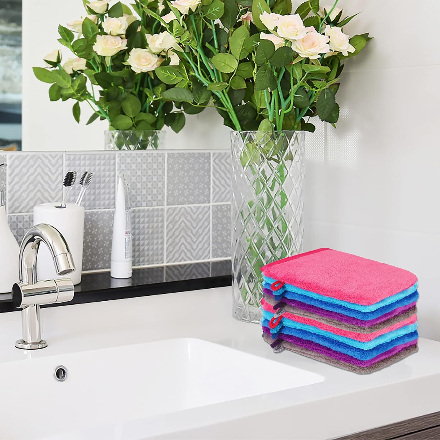 PHOGARY 10 PCS Microfiber Body Wash Mitts, Flannel Soft Face Mitten, Bath Spa Cloth, Reusable Makeup Remover Mitt Gloves, European Style Wash Cloth,6&times;8Inch, 5 Colors - 10 Colors image number 4