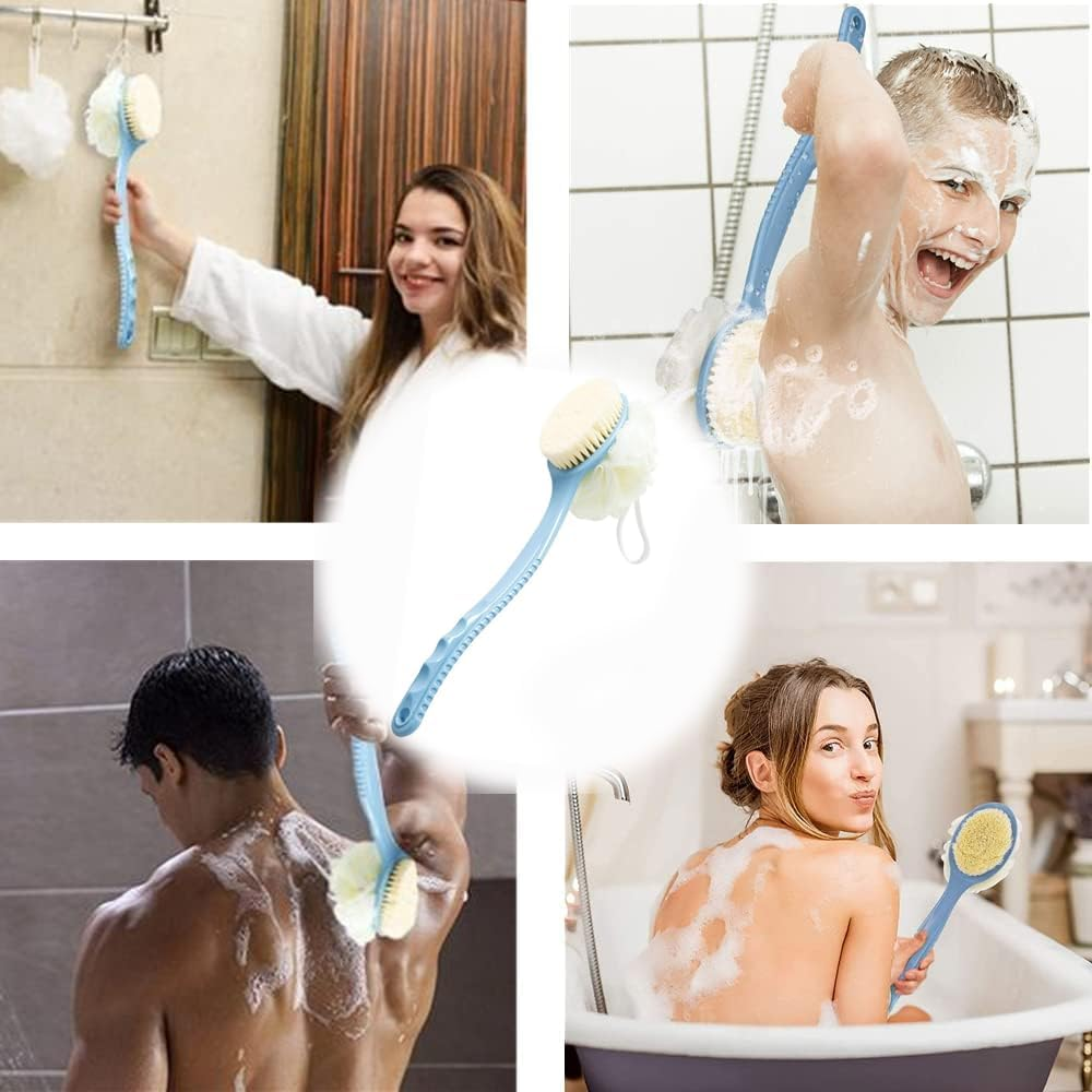 Fokmuaex 1Pcs Long Handle Body Shower Brush with Soft Bristles & Exfoliating Loofah Bath Sponge - 13.4 Inch Blue Back Scrubber for Adults, Bathroom Accessories image number 4