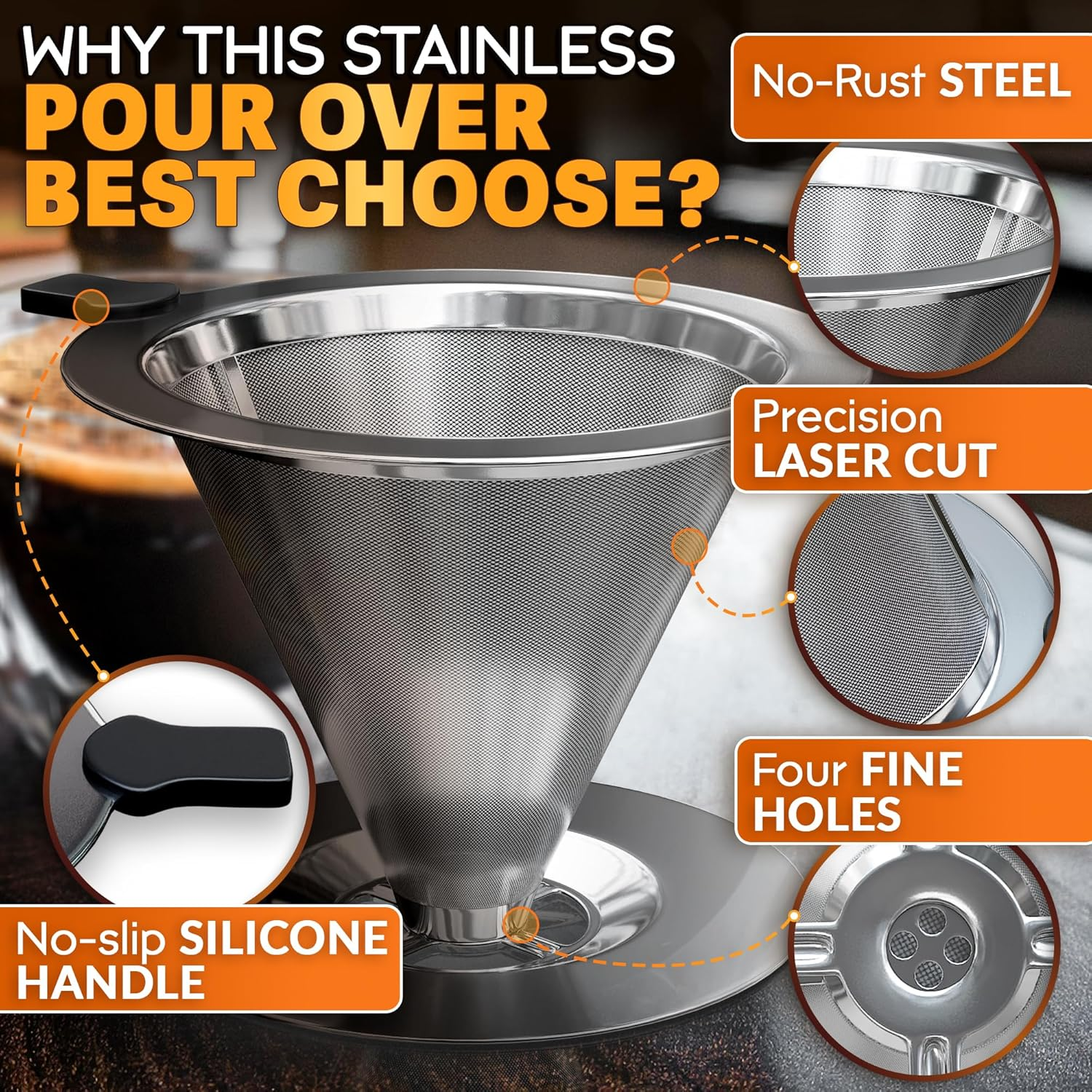 Stainless Steel Pour over Coffee Maker with Cleaning Brush & Non-Slip Silicone Handle - 2 Cups Capacity Stainless Steel Pour over Coffee Dripper with Secure Wide Base, Clean Flavor Paperless image number 3