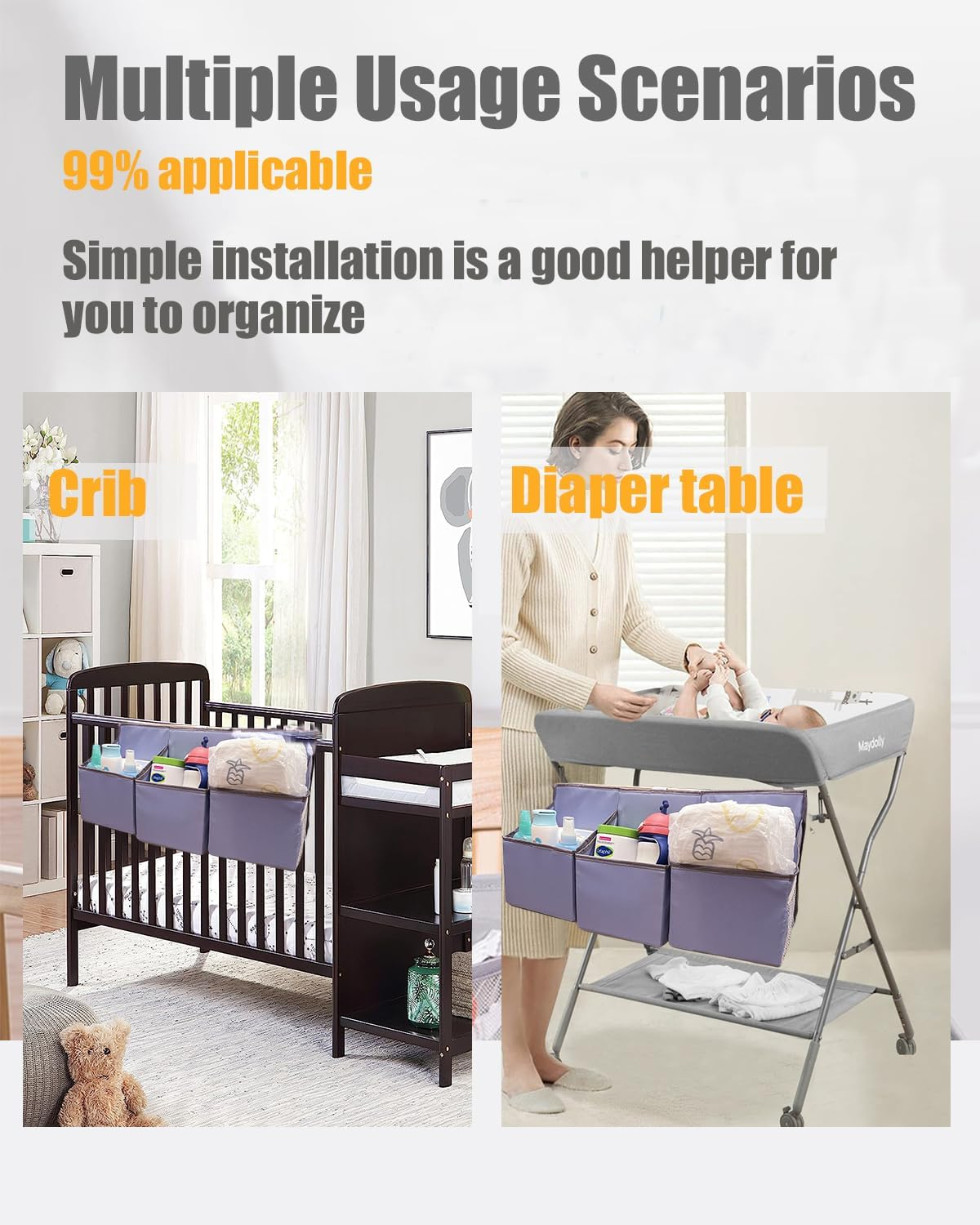 Hanging Diaper Caddy Organizer Sturdy with Hoop and Durable Baby Organizer &ndash;Diaper Stacker for Changing Table, Crib, Playard or Wall-Grey image number 5