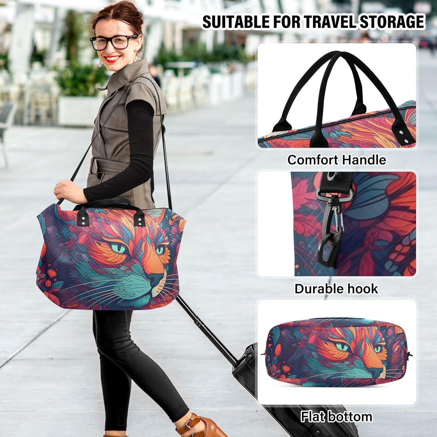 Duffel Bag Set with Toiletry Bag for Travel Gym Sport, Luggage Sleeve Weekender Bag Carry on Overnight Bag-Art Cat Portrait Print, Multicolor, 20.5 X 7.9 X 13.8 Inches+9.1 X 3.5 X 5.9 Inches image number 2
